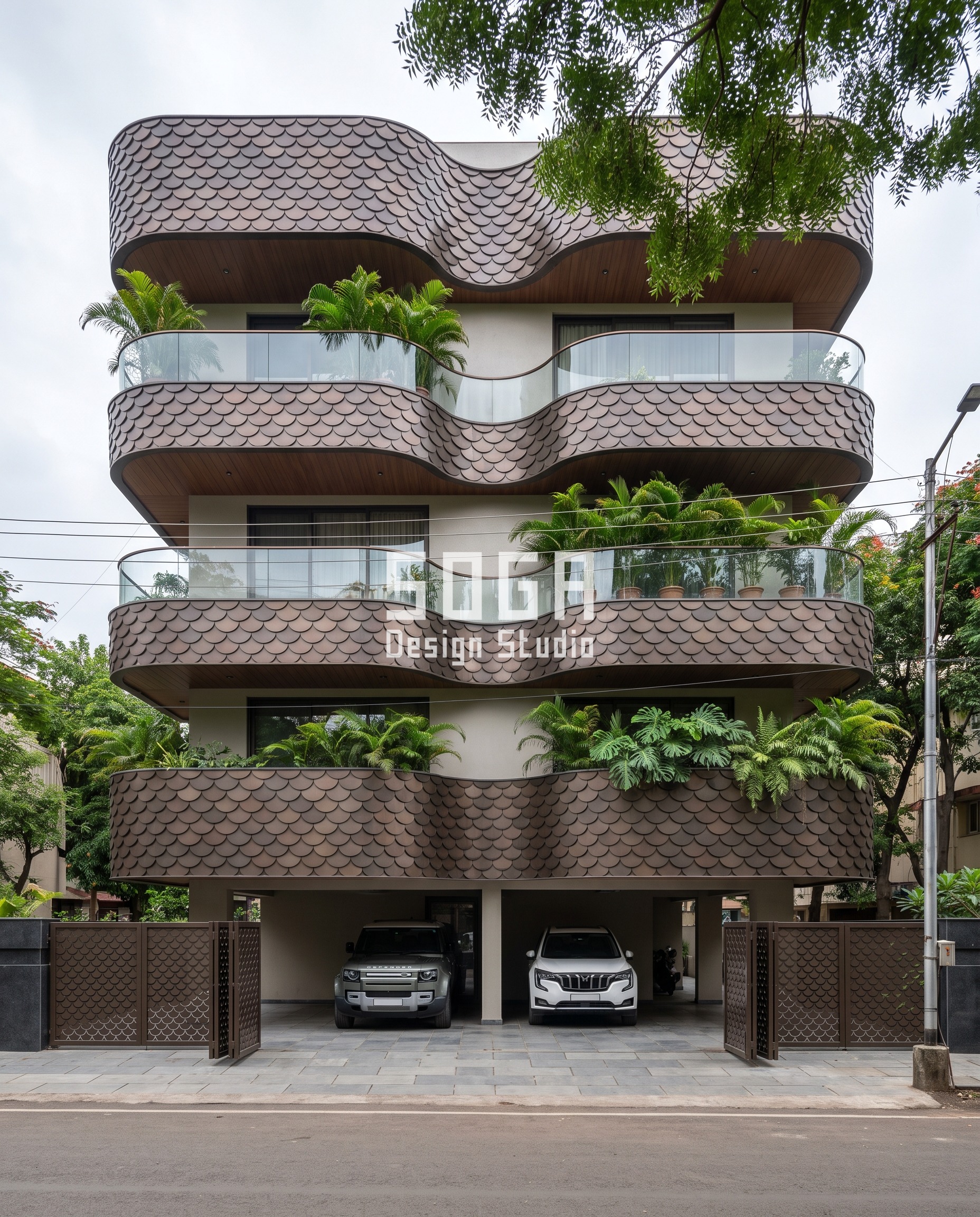 G+3 House Elevation Design India 2026: 4 Metal Facade Ideas 2 Undulating Slab Ribbons / Scales bronze facade, Pune - SOGA Design Studio