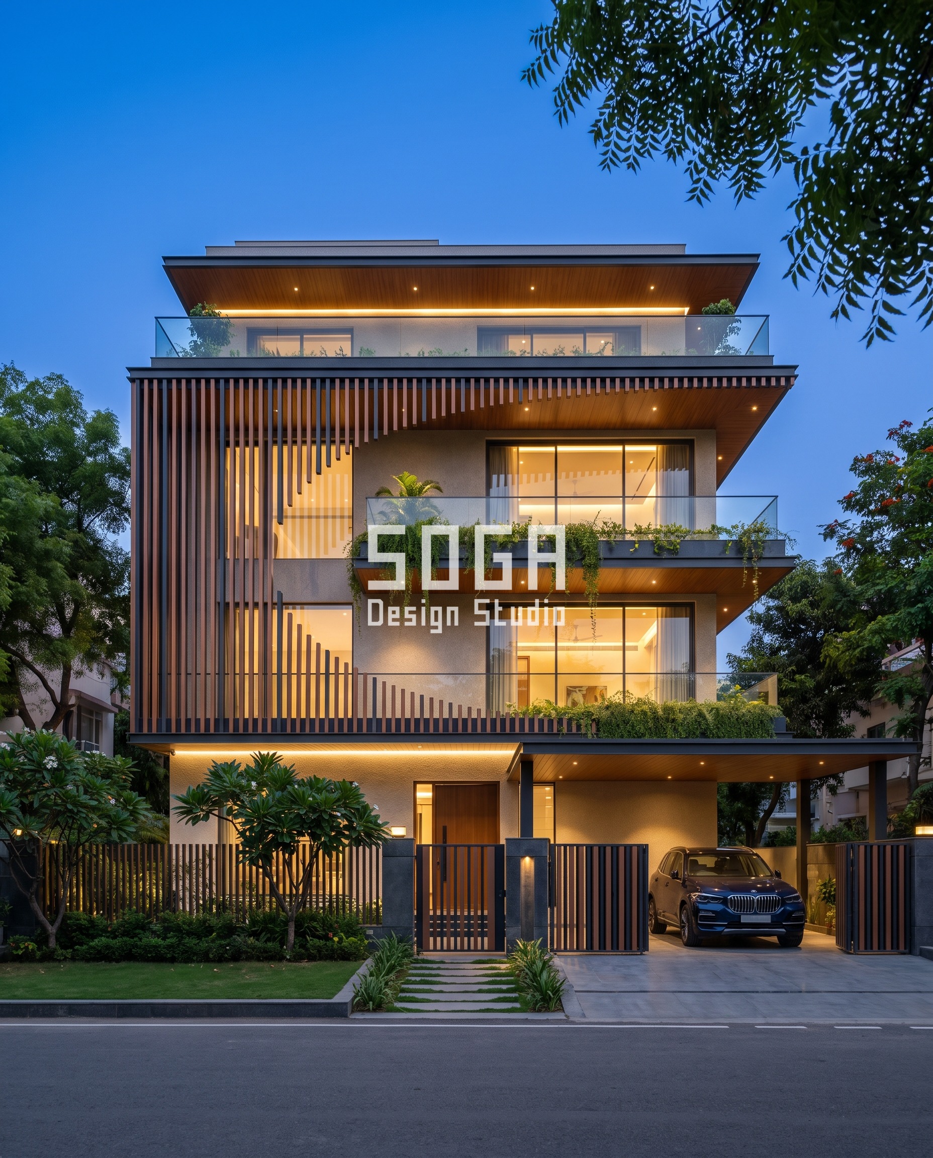 Vaulted Elevation Design Cost India 2026 | Noida Guide 3 Carved Louver Field / Fins two tone facade, South Delhi - SOGA Design Studio
