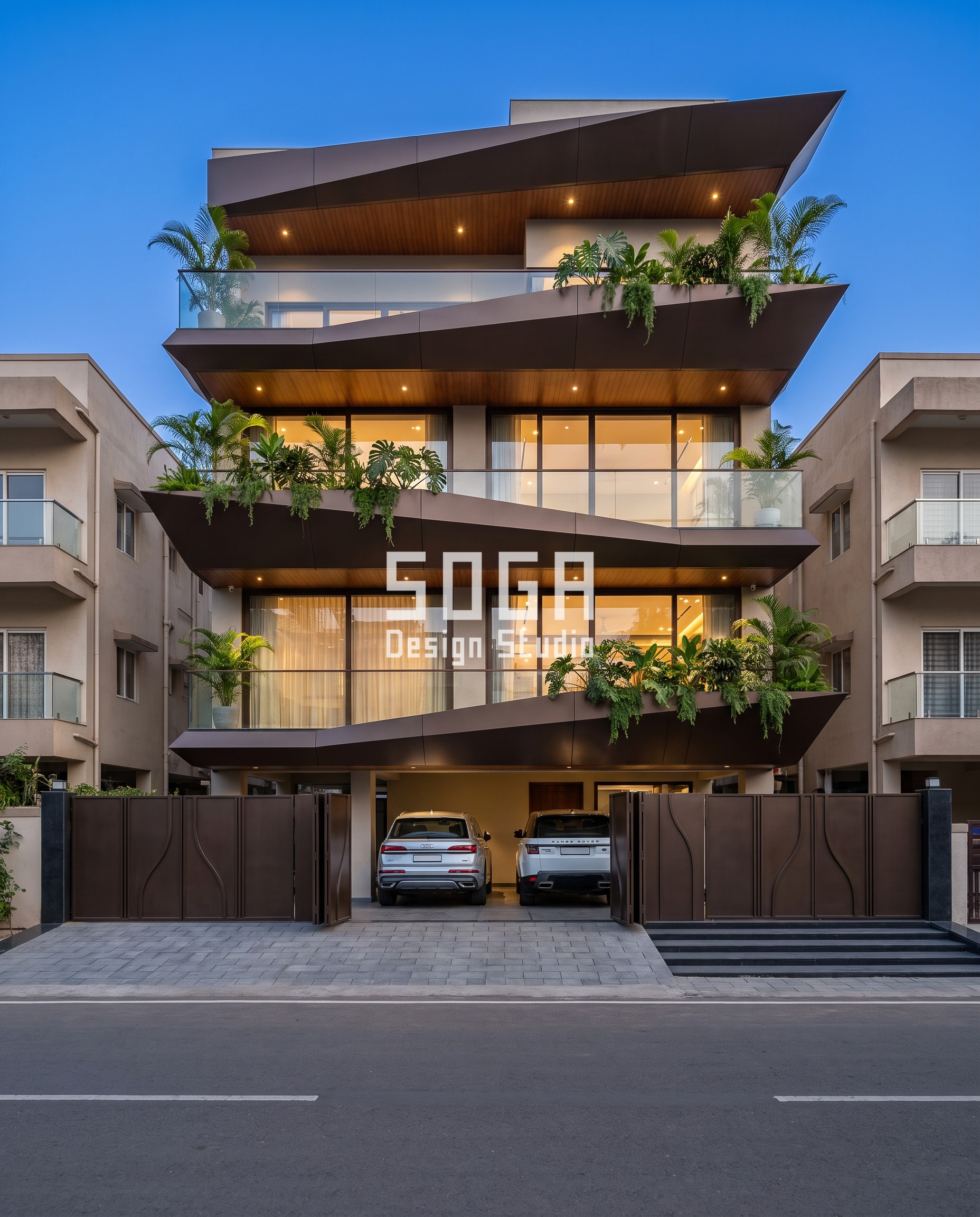 Balcony Cantilever Limit India 2026: Facade Design Guide 3 Rotated Faceted Trays / Smooth bronze facade, Surat - SOGA Design Studio