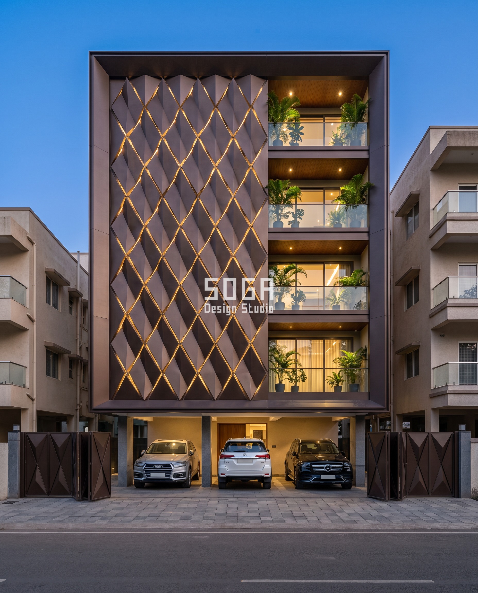 Facade Finish Options India: 5 Metal Systems Compared 4 Parametric facade design in Pune: dark bronze powder-coated aluminium diamond-quilted panels with glowing warm LED joints cover this G+4 corner residence, facet tilt grading from 3 degrees near-flush to 24 degrees sharply proud across the crisscross lattice.