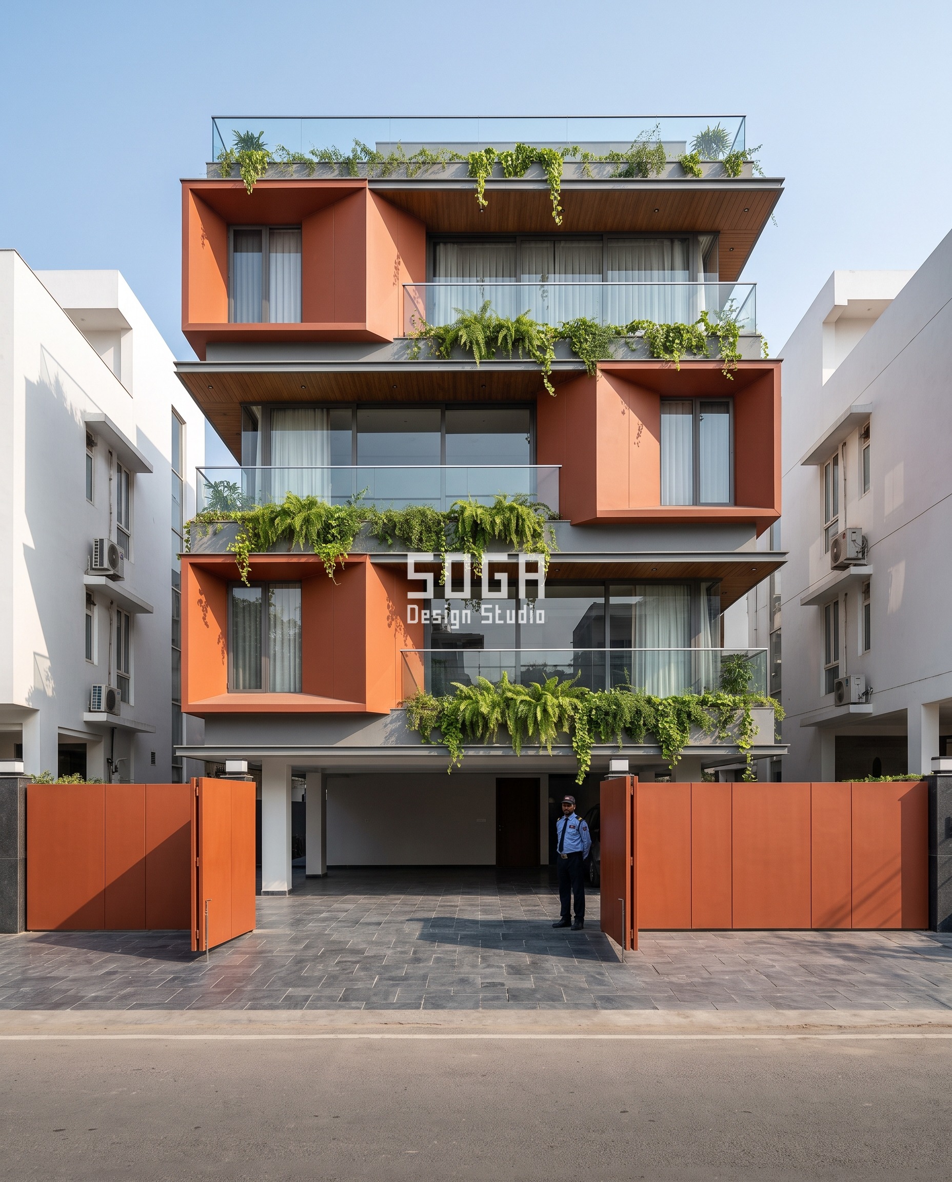 Glass Balcony Railing Fogging: It's The Seal, Not The Glass 1 Burnt-orange folded aluminium oriel boxes on a Lucknow builder-floor facade, box projection depth climbing 400mm to 1300mm up the floors, with the glass balcony railing's planted top edge spilling greenery down over the glass at every level.