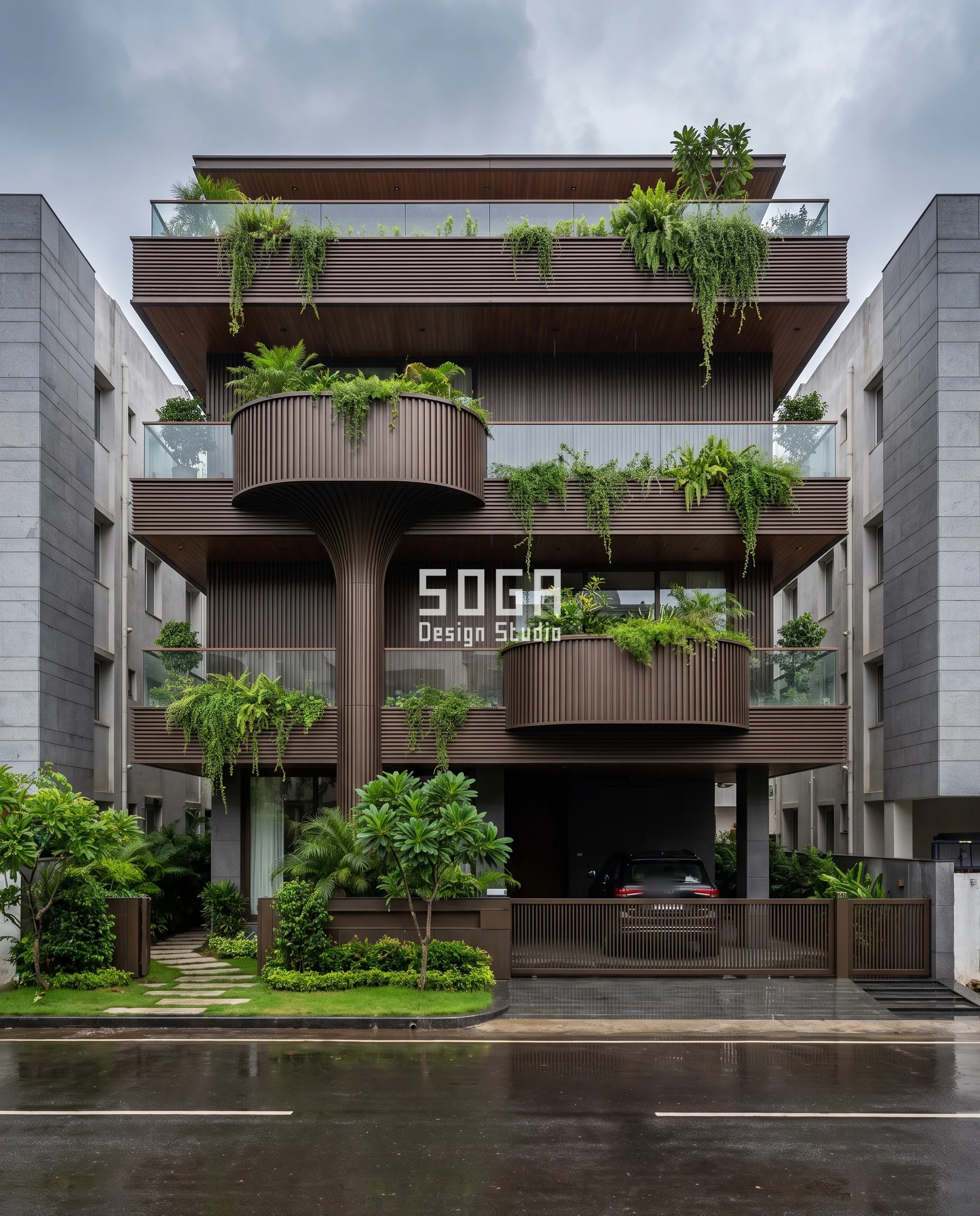 Glass Balcony Railing Fogging: It's The Seal, Not The Glass 2 Dark bronze ribbed cylindrical balcony pods on flared stems on an Indore villa facade, with the frameless glass balcony railing's top-edge planters trailing greenery over the rail cap through the monsoon.
