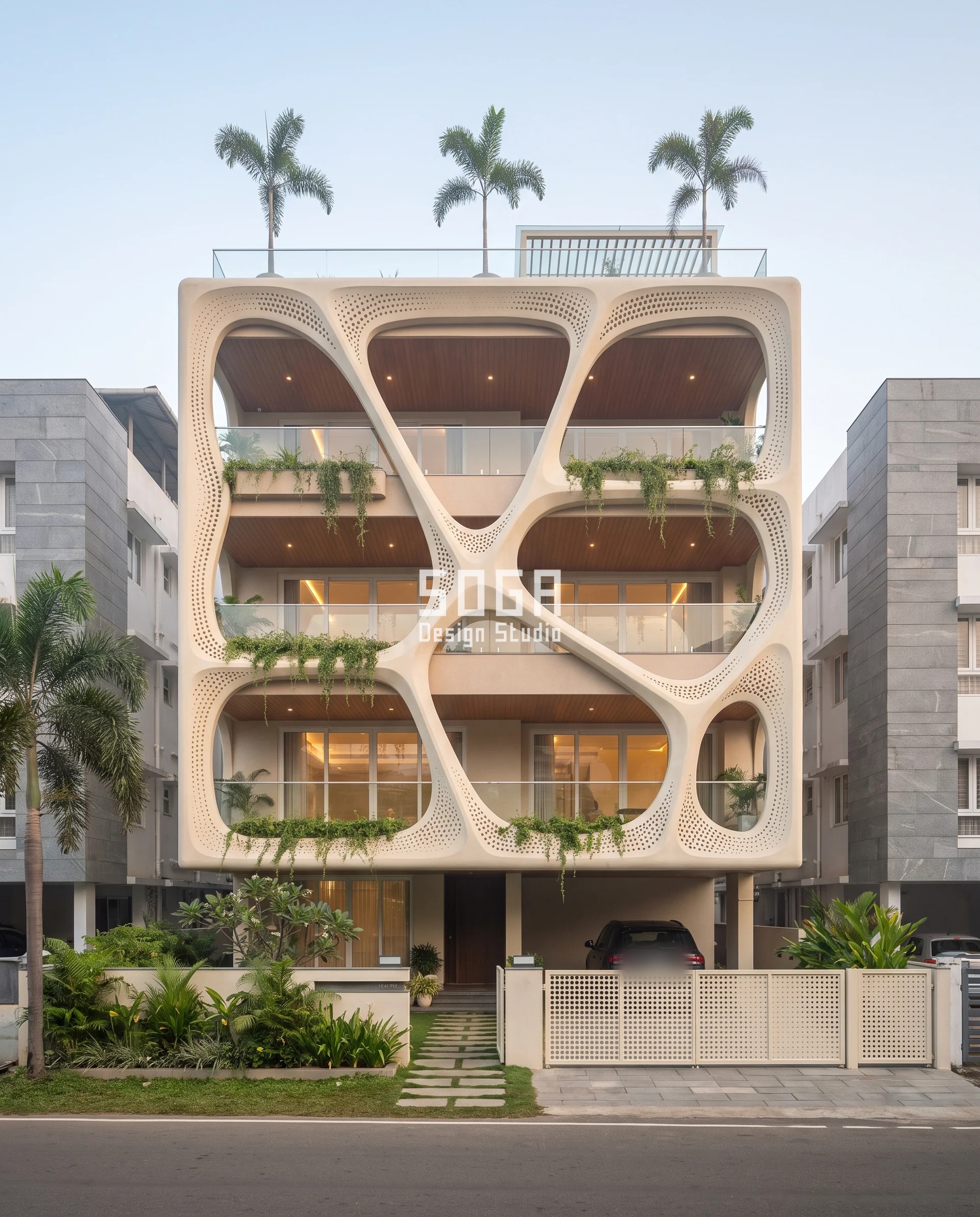 Glass Balcony Railing Fogging: It's The Seal, Not The Glass 4 Ivory-beige GFRC Voronoi aperture frame on a Kochi villa facade, perforation hole diameter grading from 16mm to 75mm around each glass balcony railing bay for cross-ventilation.