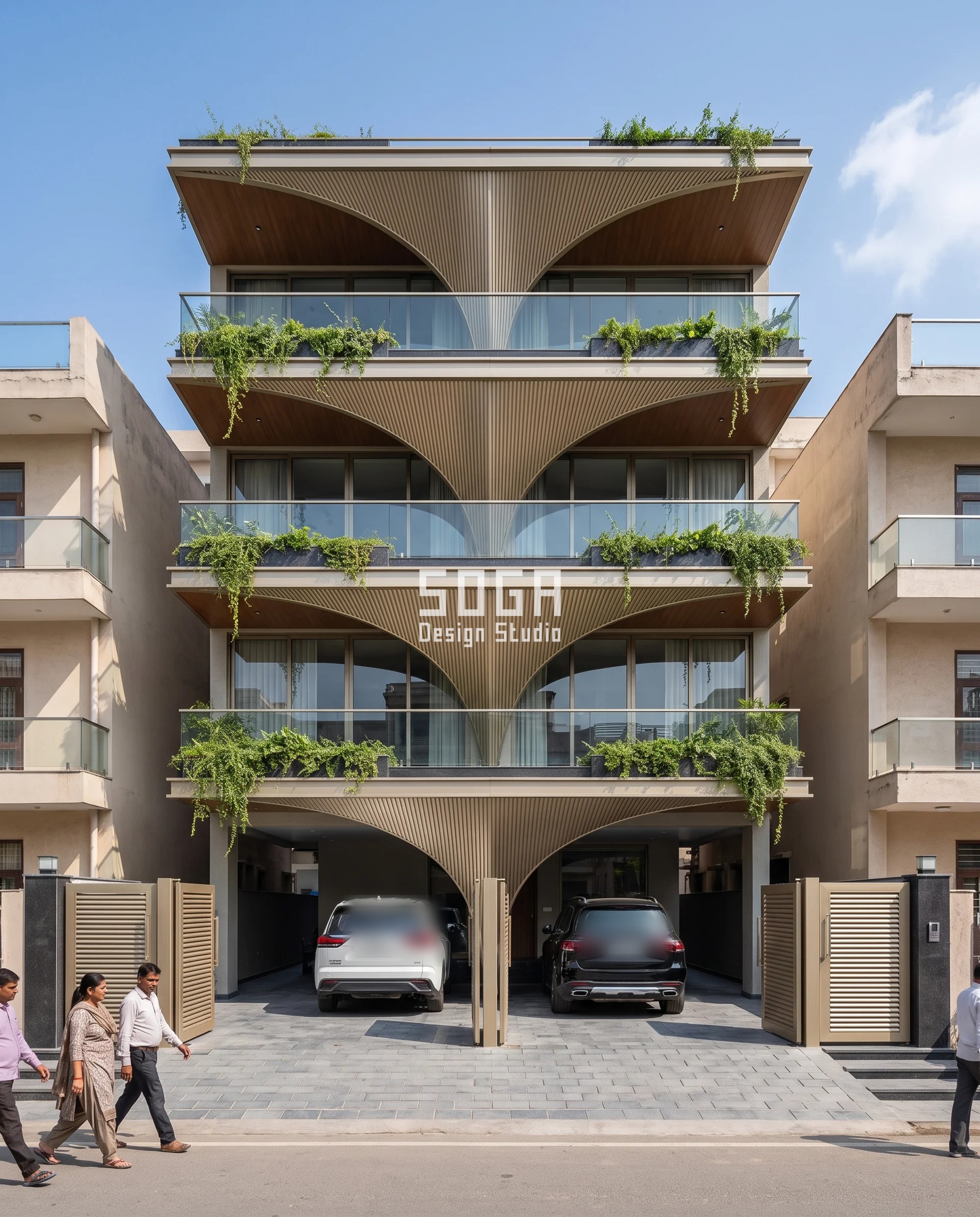 Glass Balcony Railing Fogging: It's The Seal, Not The Glass 5 Champagne-gold ribbed inverted-pyramid vaults folding between floors on a Jaipur builder-floor facade, each glass balcony railing's base and drainage edge left clear beneath the vault's sharp drop point.