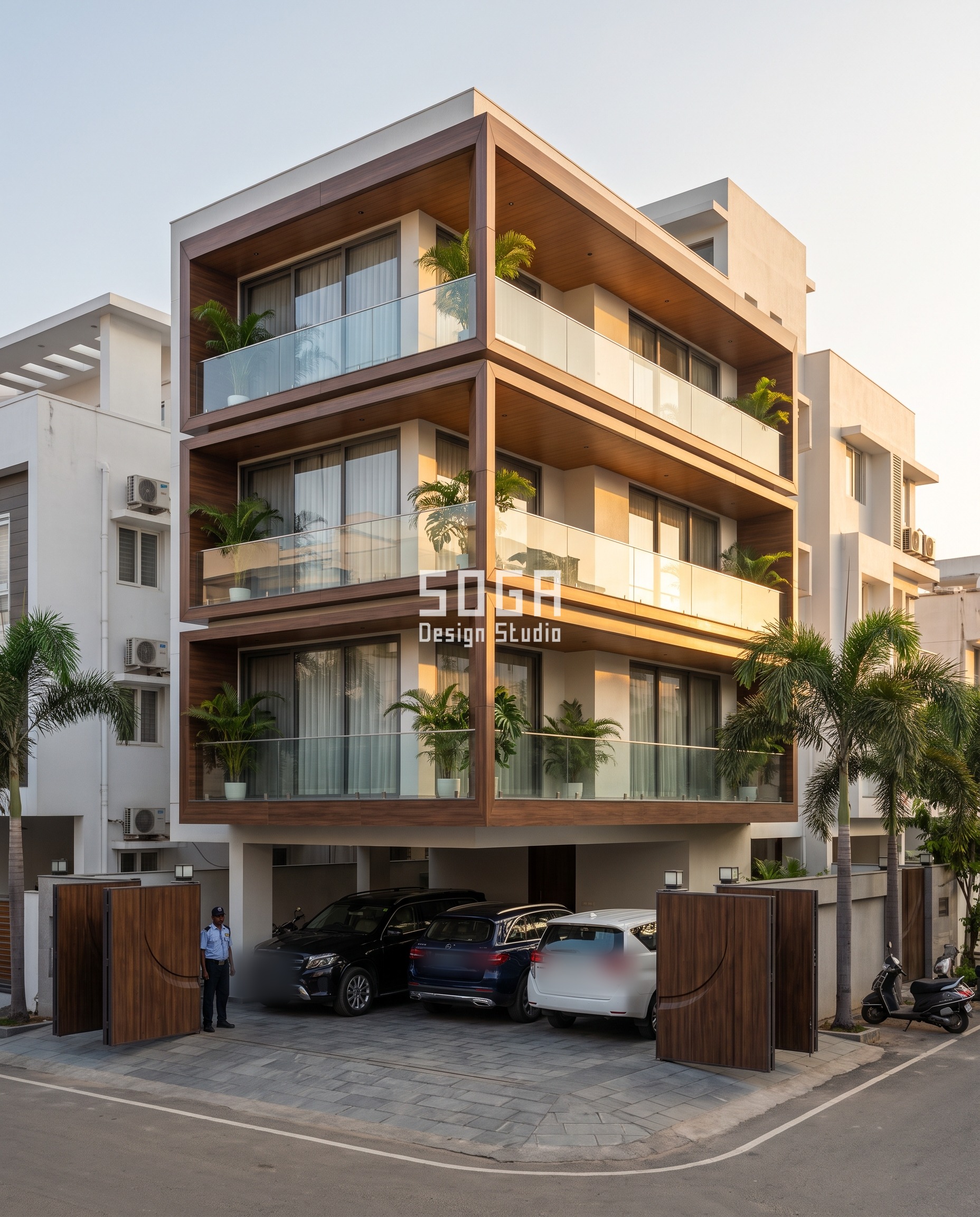 Parametric facade gradient design on a Chennai builder-floor residence, walnut wood-finish balcony frames tilting 5 to 17 degrees in an interlocking kaleidoscope pattern