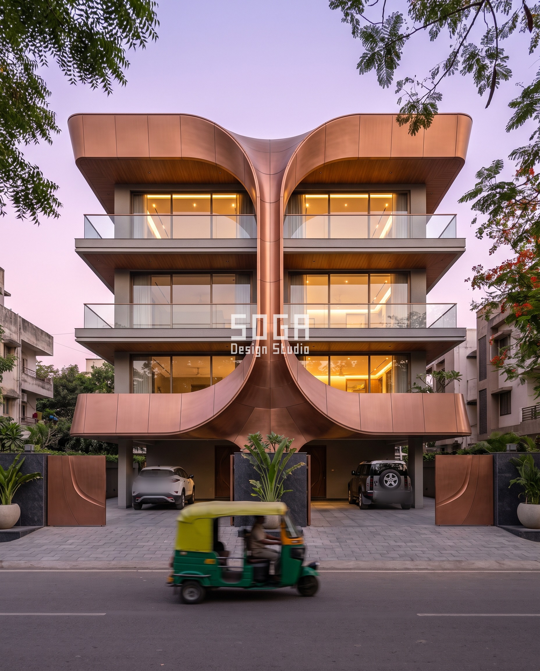 Parametric facade gradient design on a Surat builder-floor residence, copper-bronze anodised panels sweeping into a crest over an arch-shaped entrance