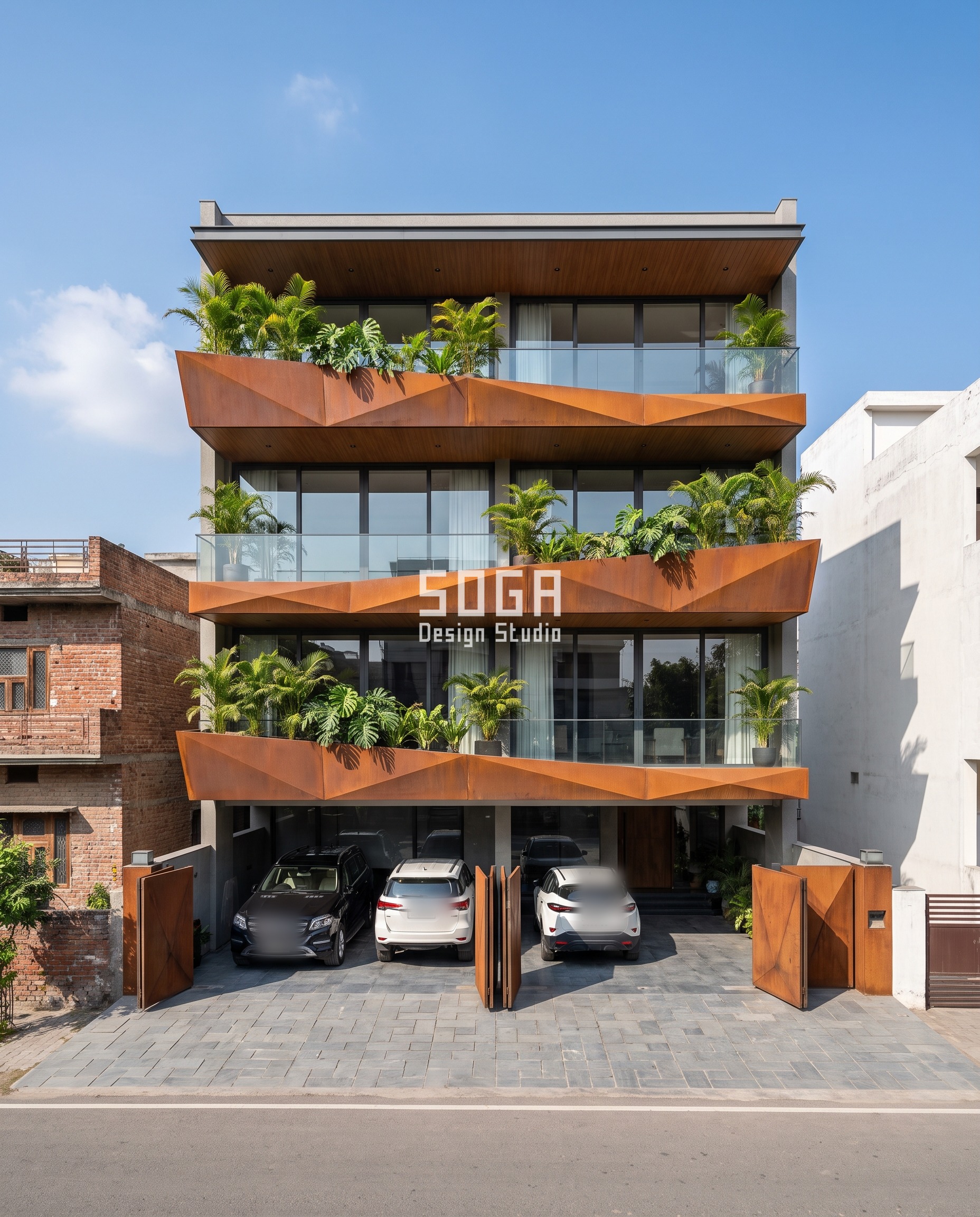 Parametric Facade Gradient Design India: One Variable Rule 8 Parametric facade gradient design on a Ludhiana builder-floor residence, weathered corten-steel planter-tray scoops wrapping each floor with facet tilt grading from 4 to 17 degrees