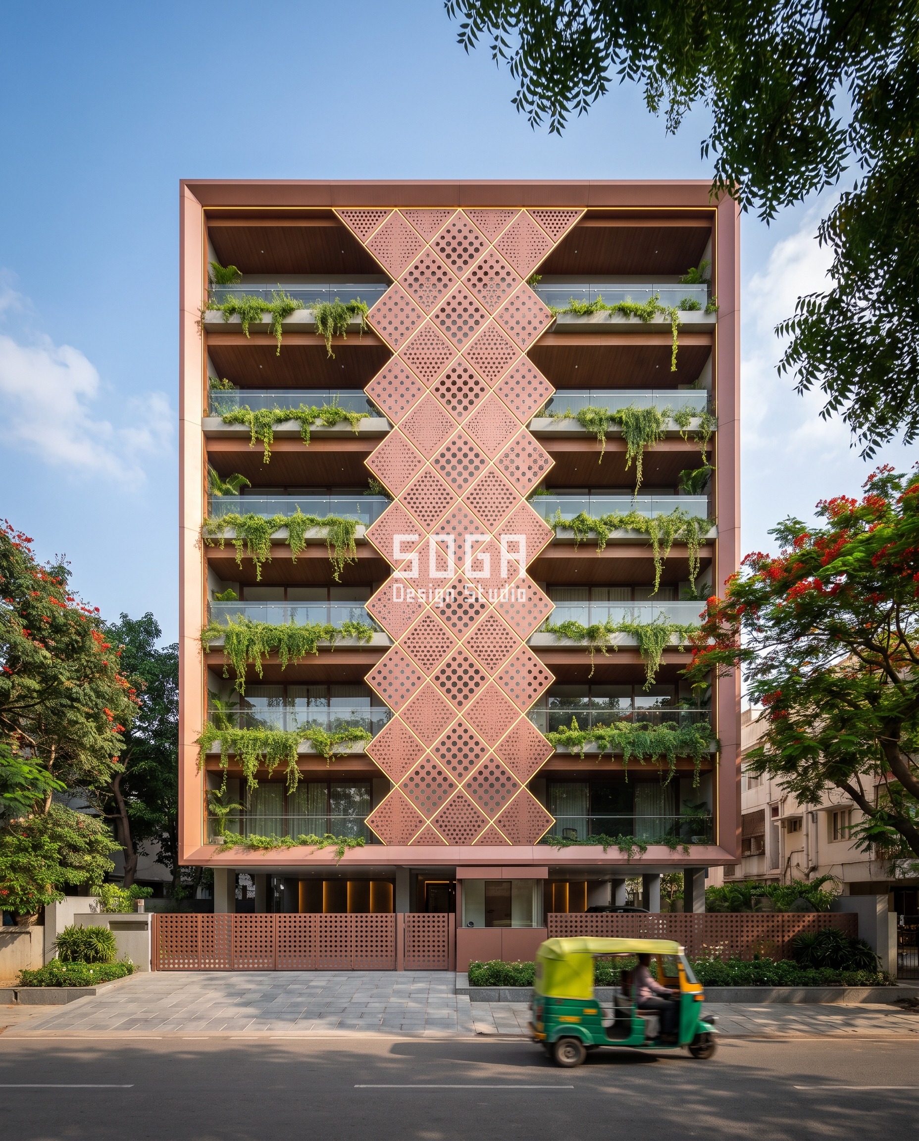 Parametric facade gradient design on a Hyderabad Jubilee Hills apartment building, rose-copper perforated diamond-quilt panels with hole diameter grading from 14mm to 85mm