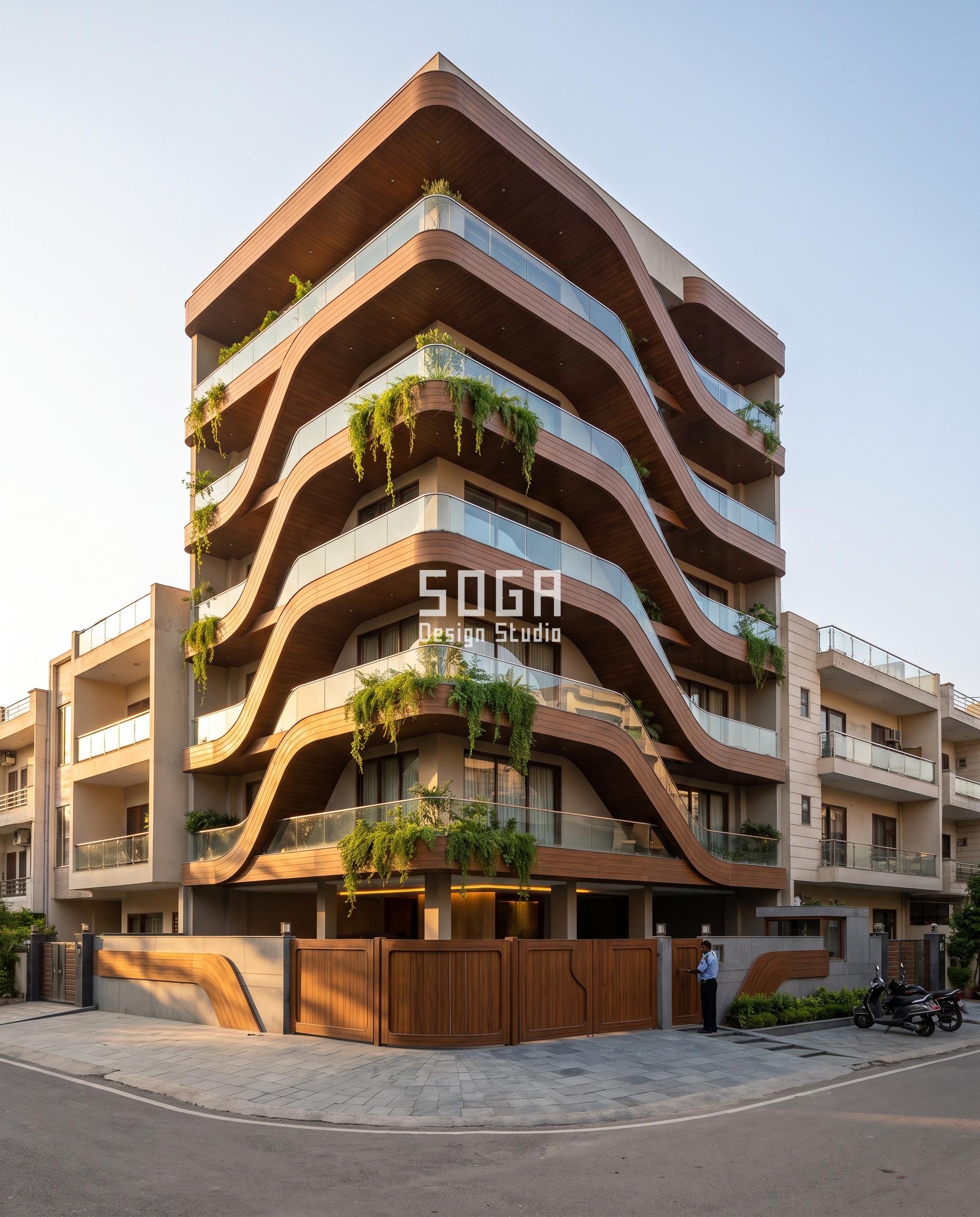 Parametric facade gradient design on a Chandigarh apartment building, teak wood-finish ribbon sweeping in an S-curve and tapering from 900mm to 500mm