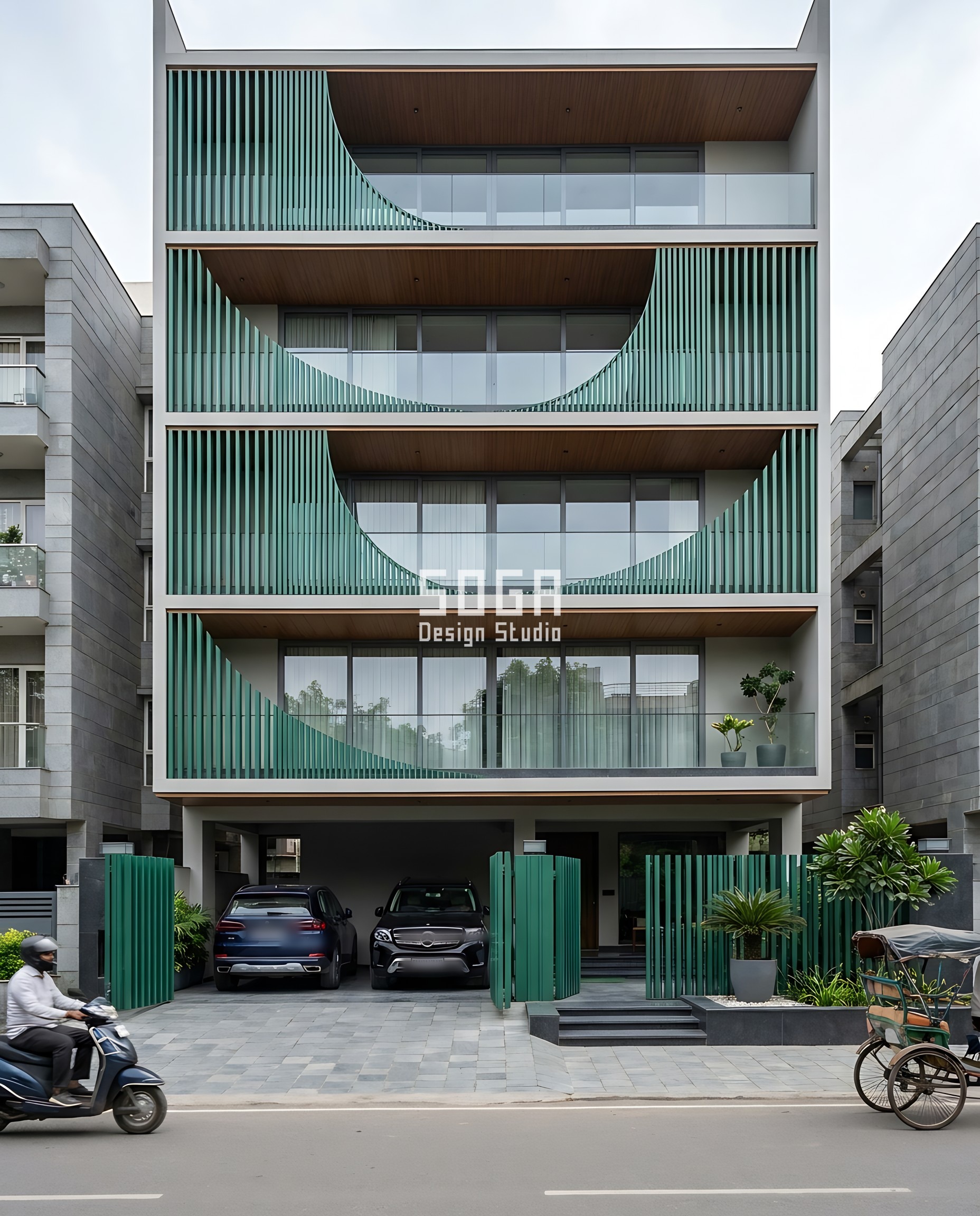 Facade Gradient Spread Ratio: The 6-9x Rule for India 5 Chandigarh builder-floor facade in emerald-green vertical louvers, centre-to-centre spacing grading 60mm to 420mm for a 7x gradient spread ratio, cut as a continuous curved wave rather than alternating floor to floor.