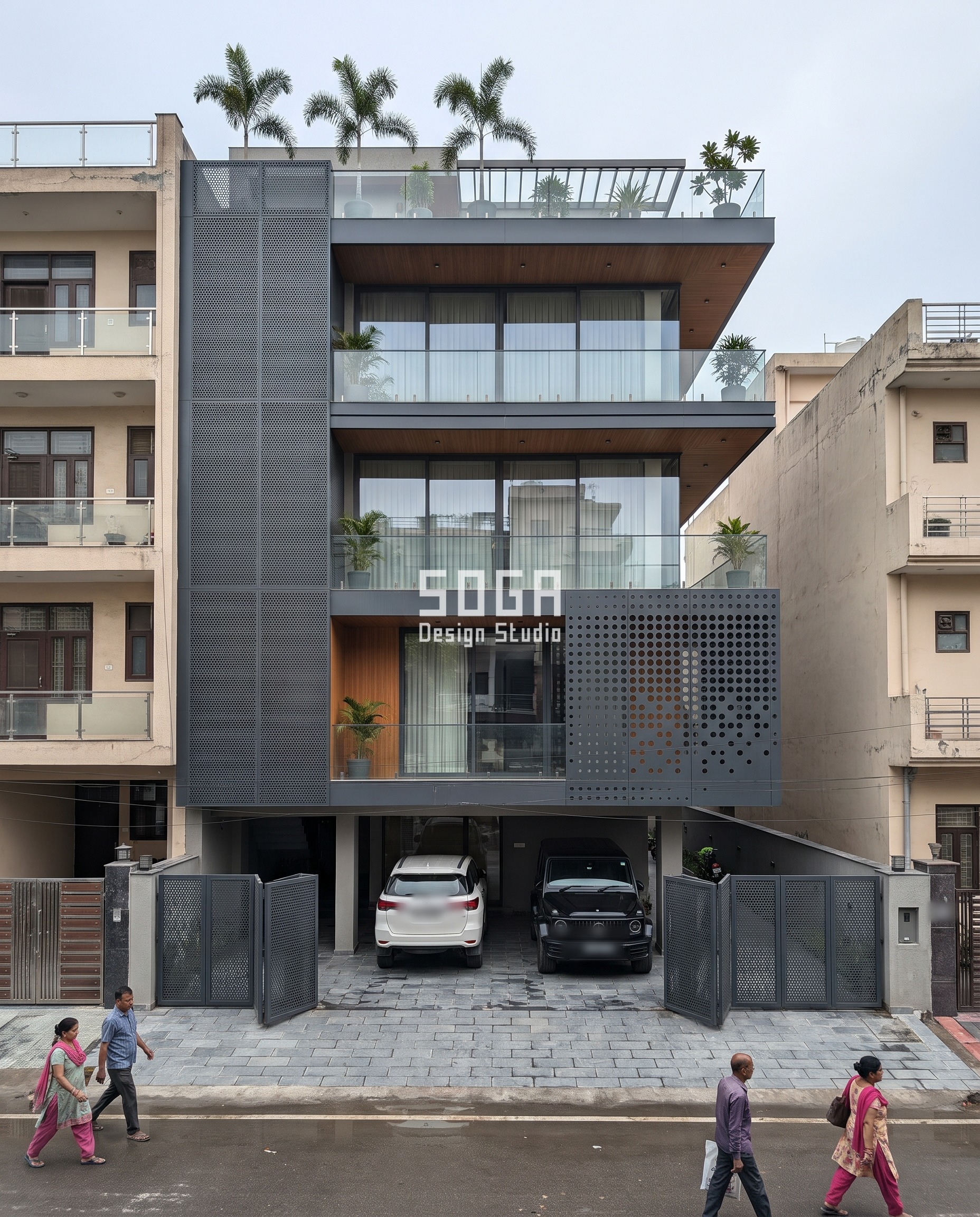 Facade Gradient Spread Ratio: The 6-9x Rule for India 1 Noida builder-floor facade with a perforated charcoal-aluminium skin, hole diameter grading 8mm to 80mm - a 10x gradient spread ratio dissolving toward one corner.