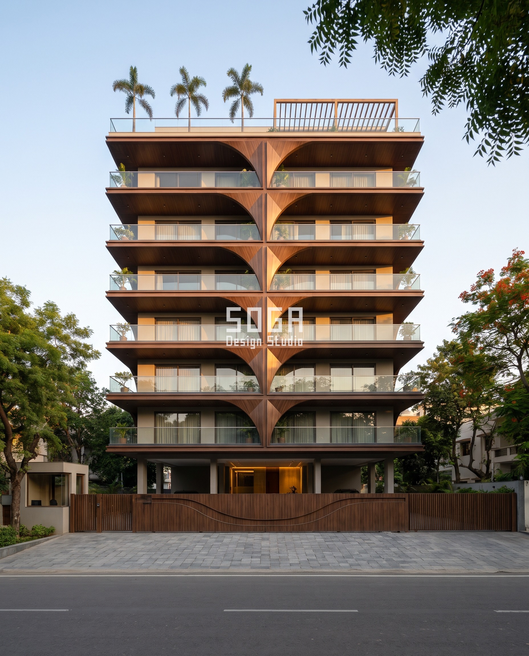 Facade Gradient Spread Ratio: The 6-9x Rule for India 4 Lucknow G+9 apartment facade in walnut wood-finish aluminium, folded vault arches held at a constant 4-metre span across all nine floors - the post's deliberate non-graded control case, shown against four systems that do grade.