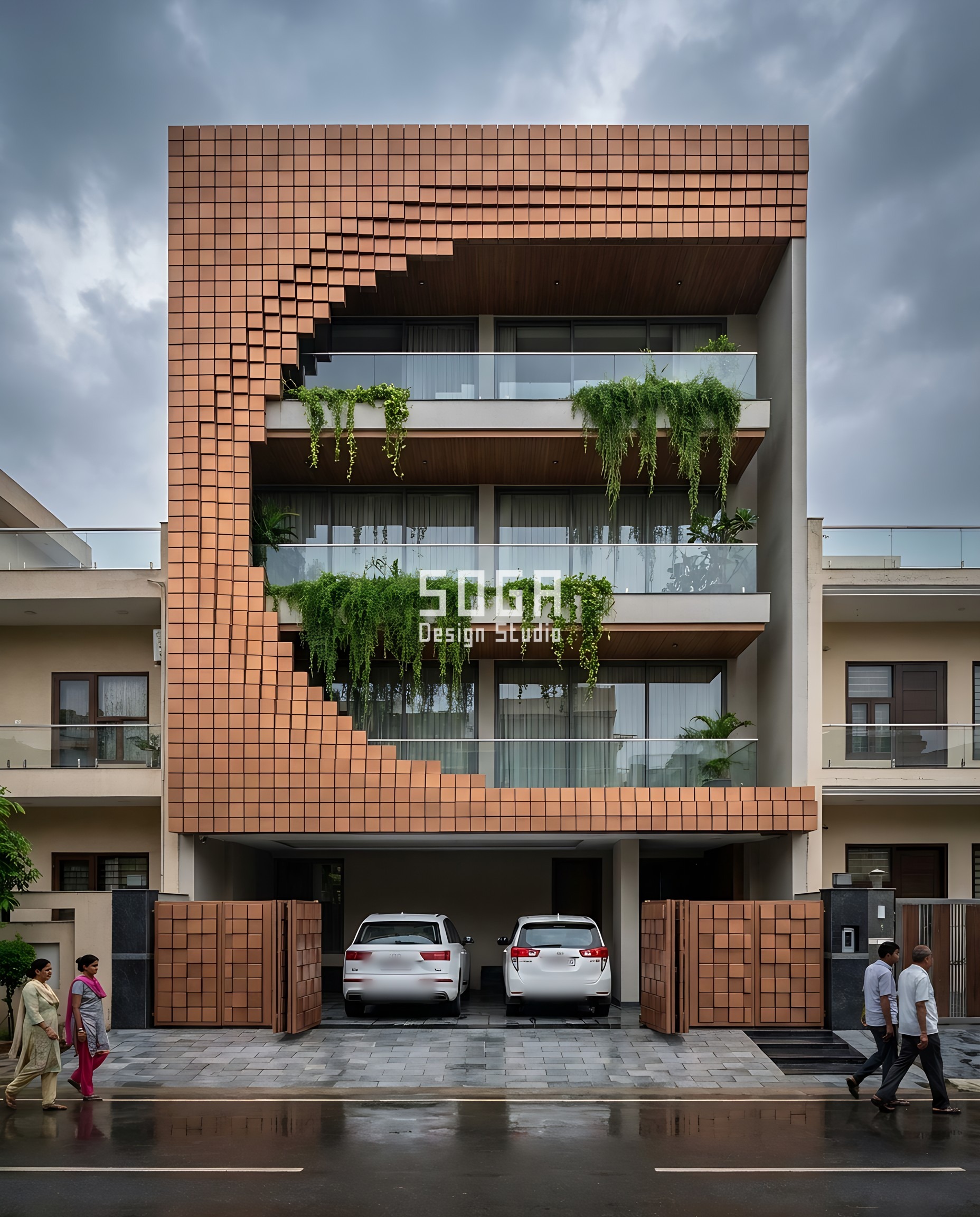 Facade Gradient Spread Ratio: The 6-9x Rule for India 2 Gurugram residence wrapped in a copper-bronze pixel-relief facade, blocks projecting 20mm to 150mm - a 7.5x gradient spread ratio scaling the pattern up across three sides.