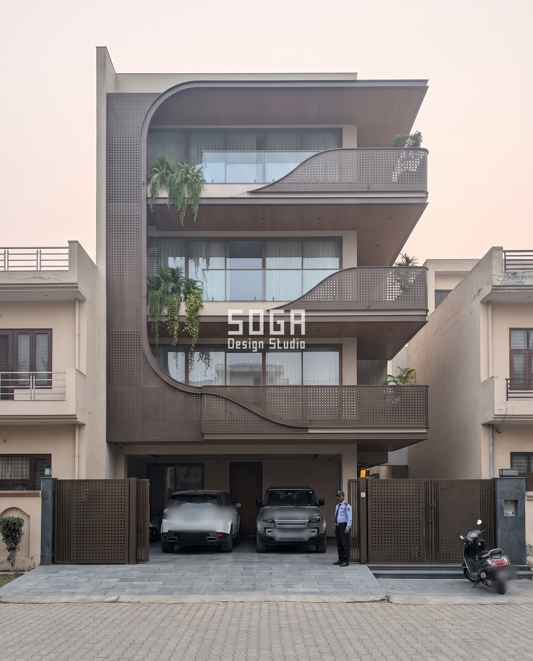 Facade Gradient Spread Ratio: The 6-9x Rule for India 3 Ludhiana builder-floor facade with a dark-bronze perforated ribbon sweeping the corner, open area grading 6% to 48% for an 8x gradient spread ratio.