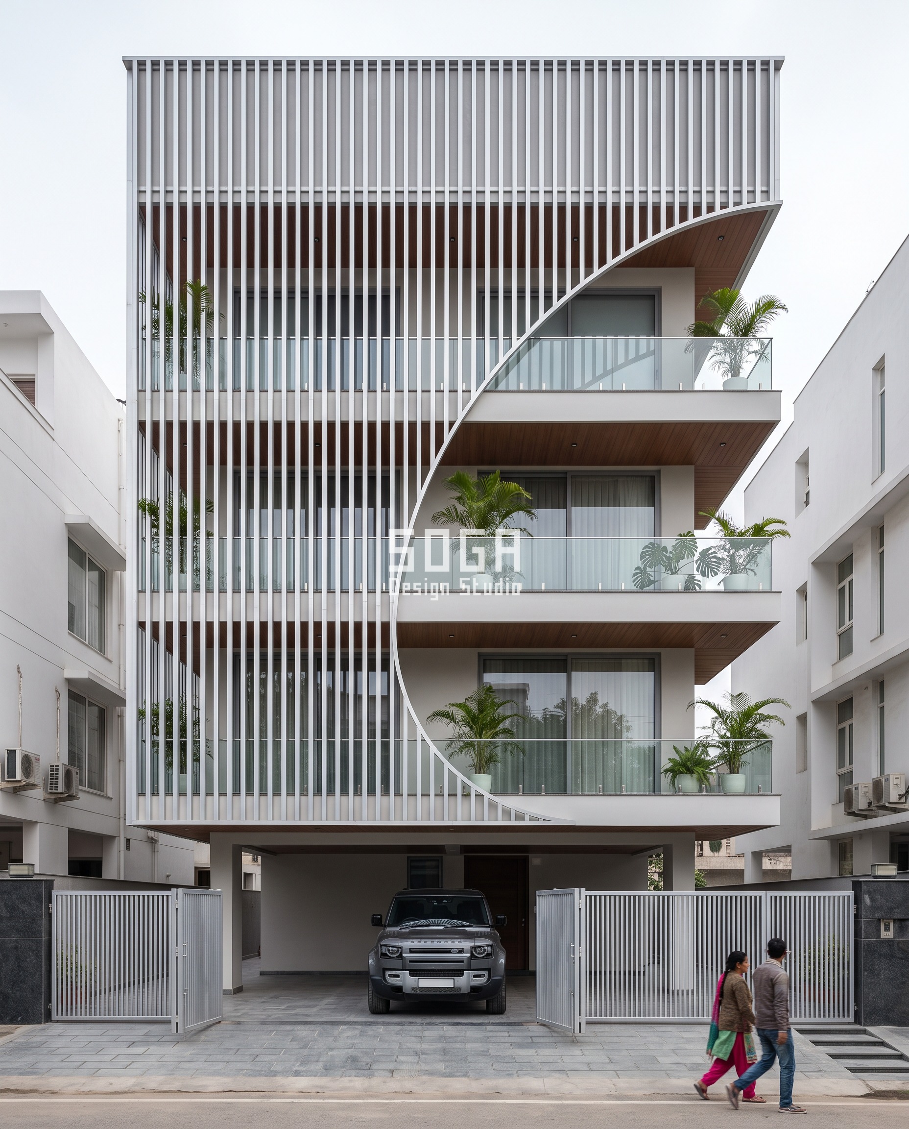 Facade Finish Options India: 5 Metal Systems Compared 3 Parametric facade design in Noida: brushed natural-silver vertical aluminium louvers, 50 x 150mm at 110mm centres, run full height above a diagonal S-curve crossing three floors and stop exactly on it below, producing a sweeping diagonal reveal across this G+3 residence.