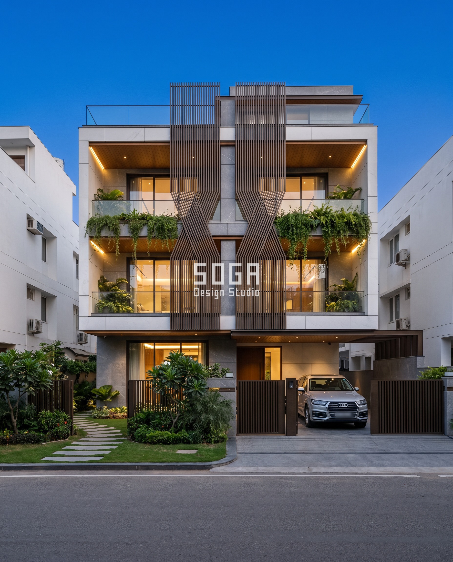 South Delhi villa facade at blue hour with two mirrored dark-bronze louvre ribbons crossing mid-height at 110mm centres — the same per-floor louvre logic behind asking how many louvres per floor a facade needs.