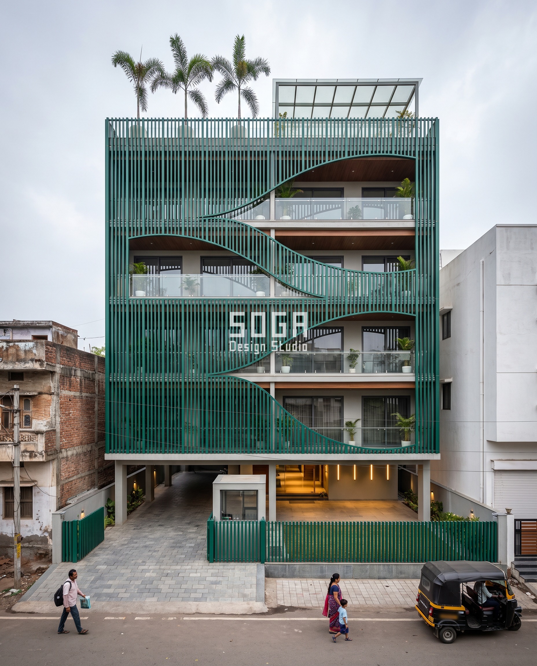Indore apartment facade answering how many louvres per floor a parametric screen needs — a full-height emerald-green vertical louvre field carved into a continuous wave, individual fin lengths running from 0 to 2.4 metres.