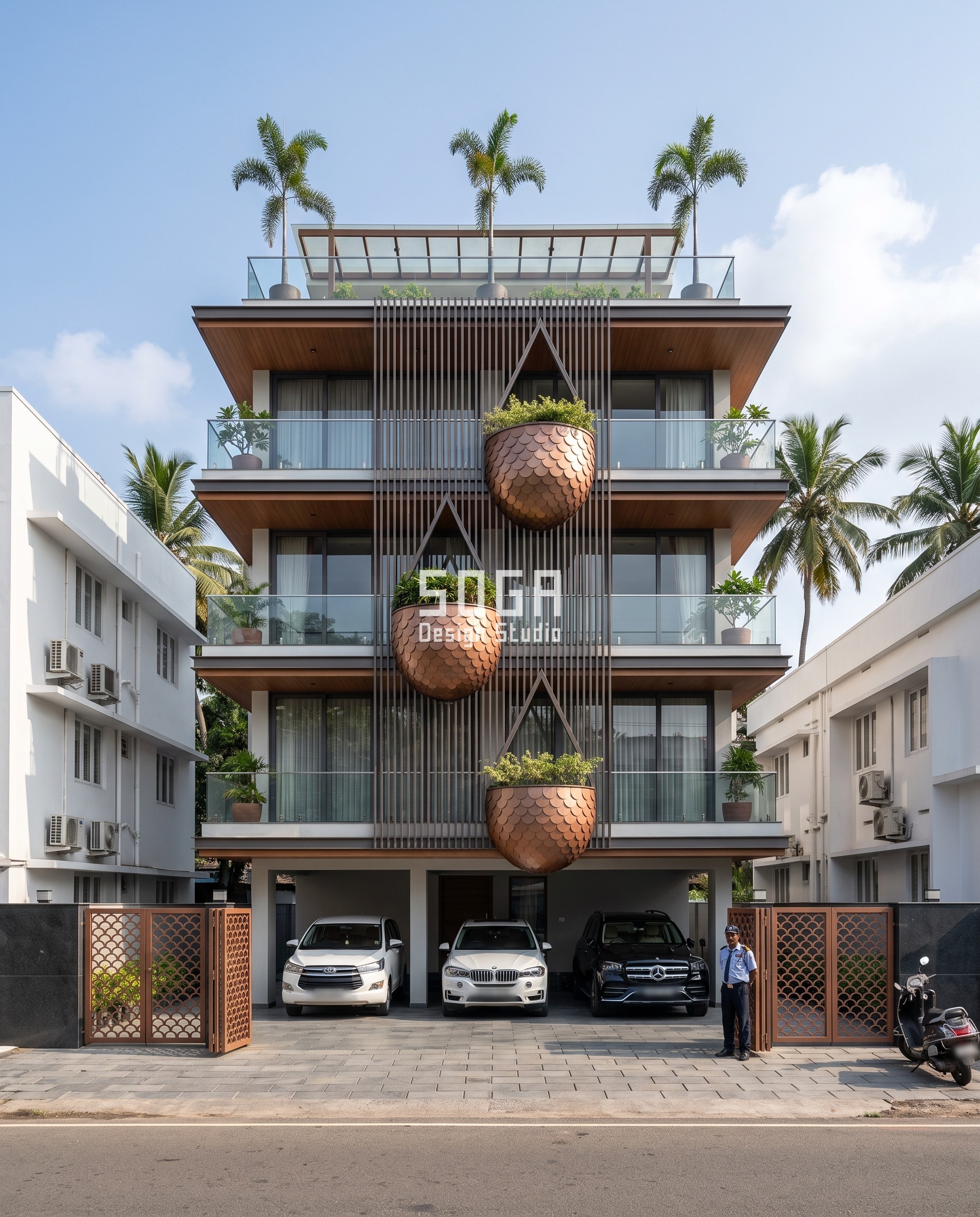 Kochi residence facade with three copper-bronze teardrop planter pods clad in overlapping fish-scale shingles — SOGA Design Studio's answer to how many louvres, or in this case scales, a floor's pod carries.