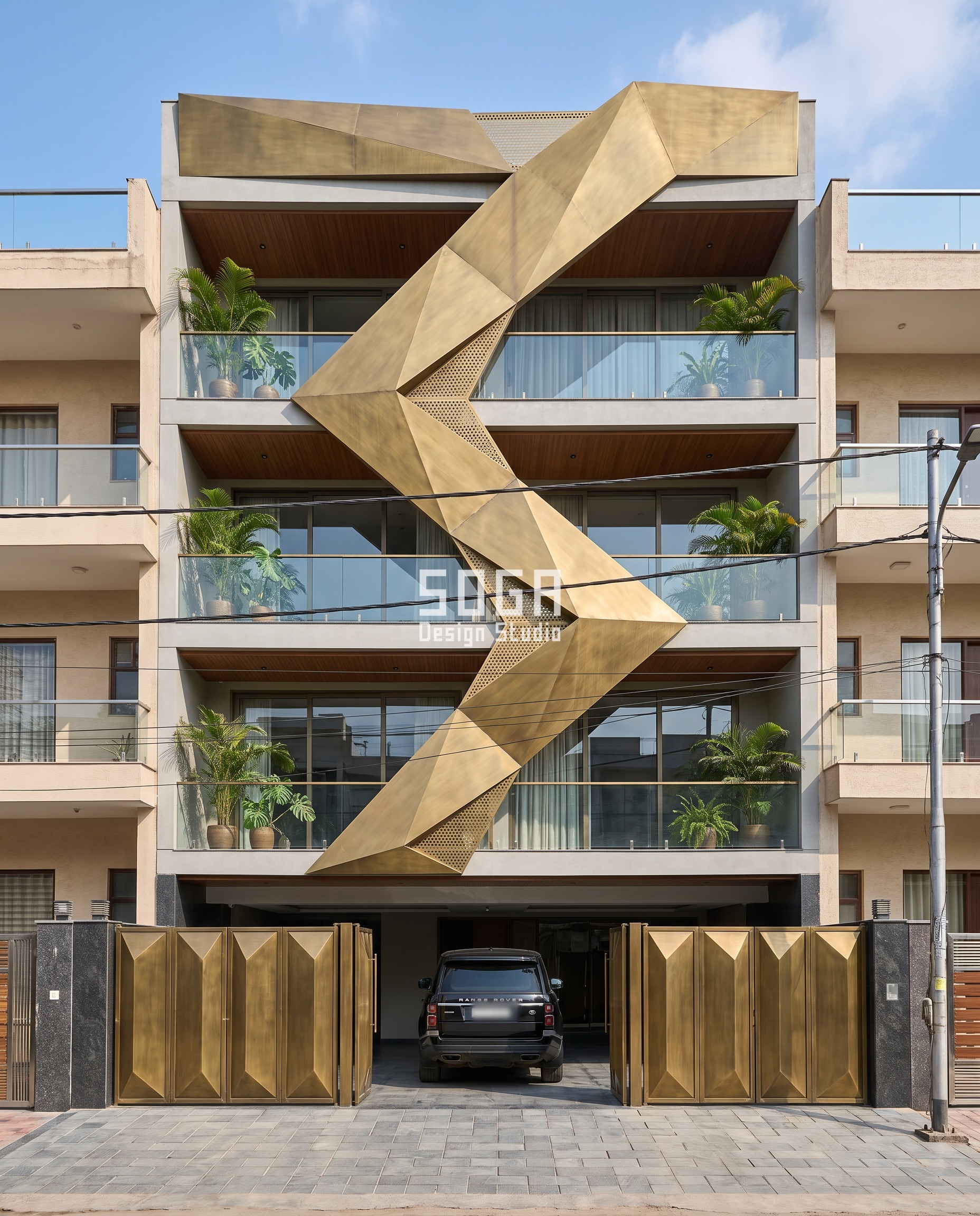 Jaipur builder-floor facade with an antique brass folded-plate exoskeleton zigzagging up four storeys, facets tilting from 4 to 19 degrees — SOGA Design Studio's parametric answer to how many louvres or facets a floor should carry.