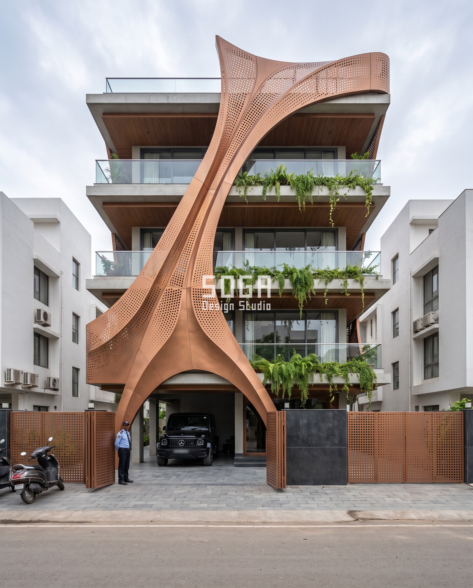Ahmedabad home facade wrapped in a sweeping perforated copper-bronze crest, hole size grading from 20mm to 70mm up the curve — SOGA Design Studio's take on how many louvres or perforations a floor needs as sun exposure rises.