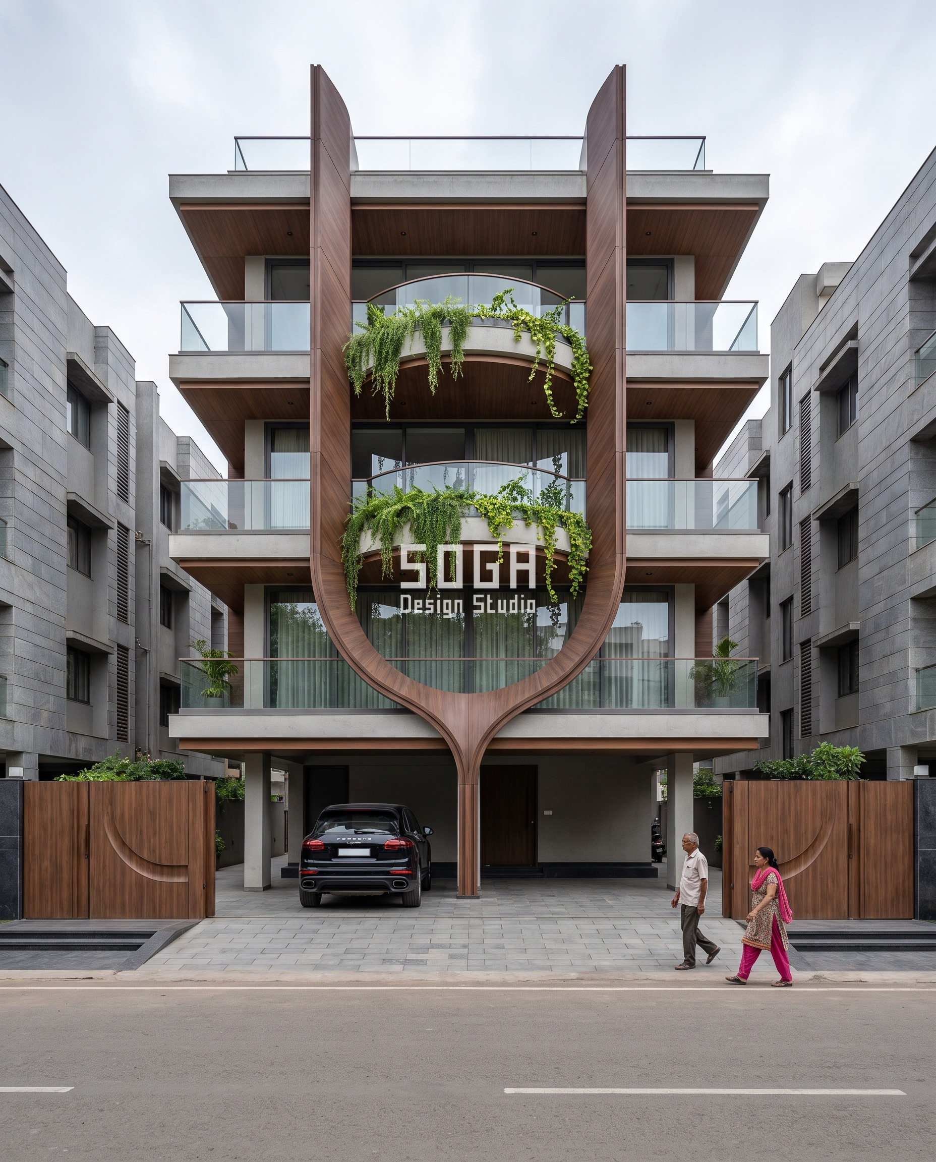 Facade Finish Options India: 5 Metal Systems Compared 5 Parametric facade design in Ahmedabad: a single monumental U-shaped dark walnut wood-grain aluminium frame grows from one slender root at grade and splits into two leaf-like arms past the parapet on this G+3 residence, framing stacked curved garden balconies with cascading ferns.