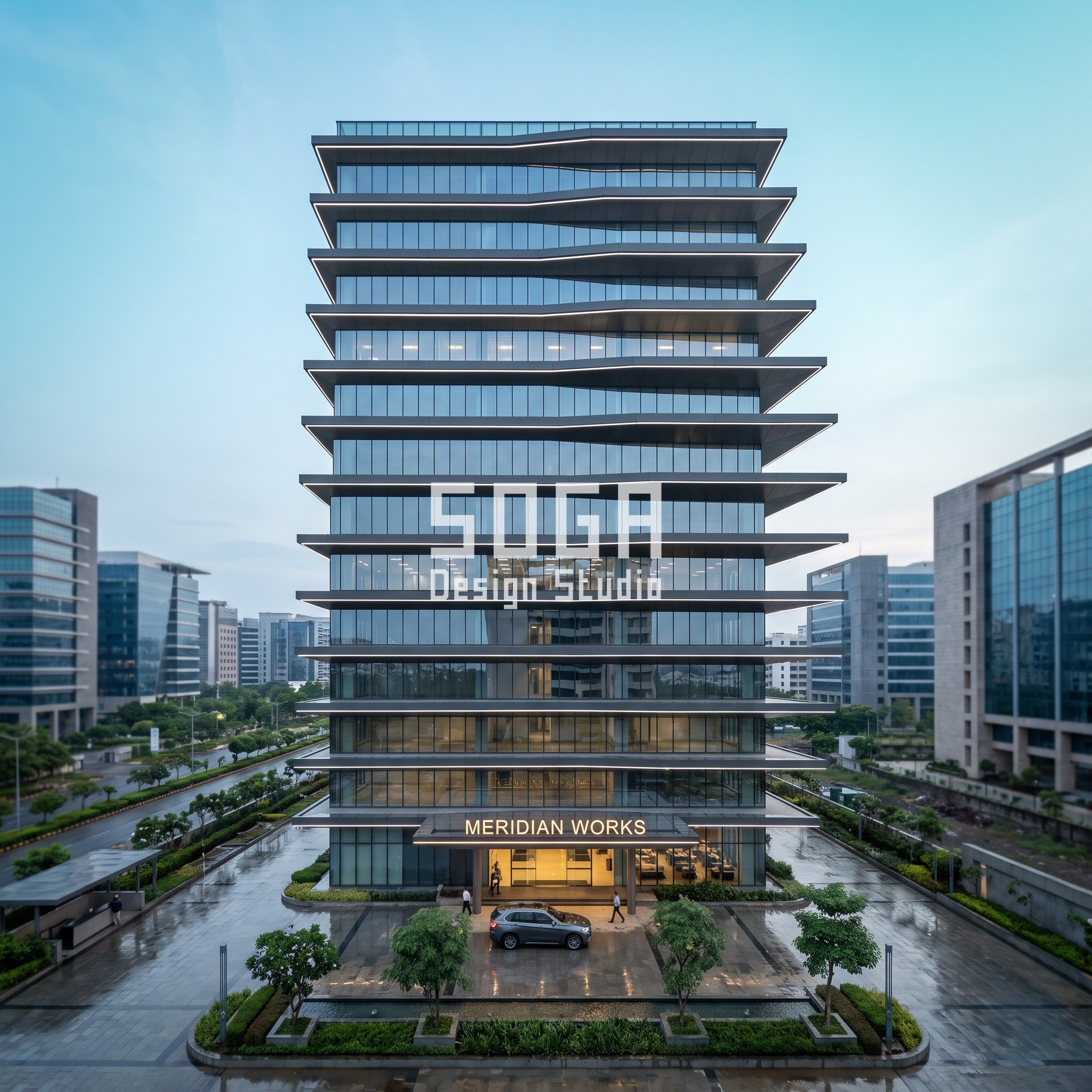 Furniture Showroom Facade Design Dubai: Coffer Gradient 2 Meridian Works office headquarters tower in Pune with a parametric cantilevered floor-plate stack from 480mm to 3360mm