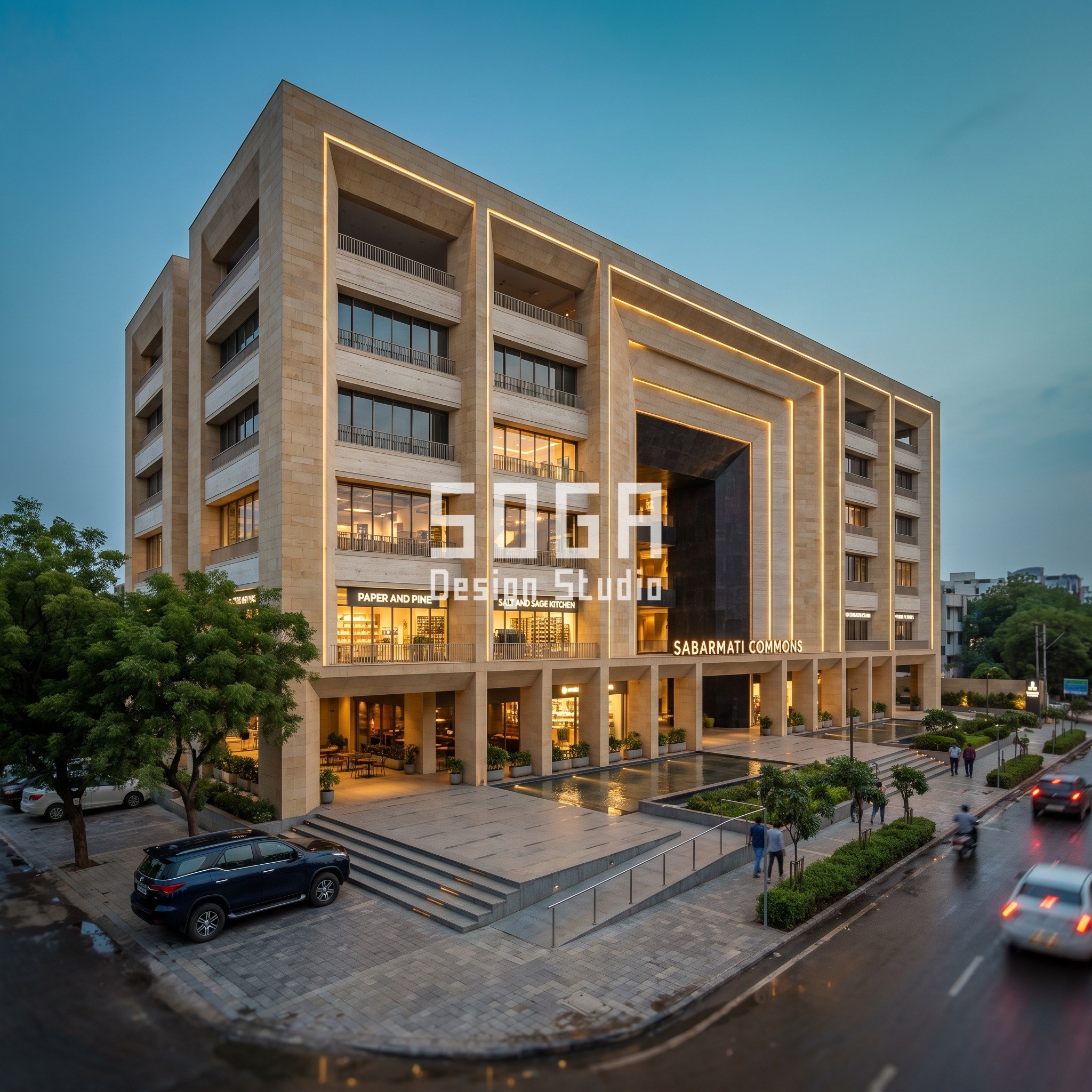 Furniture Showroom Facade Design Dubai: Coffer Gradient 3 Sabarmati Commons shopping mall facade in Ahmedabad with a carved stone portal void and parametric pier depth gradient