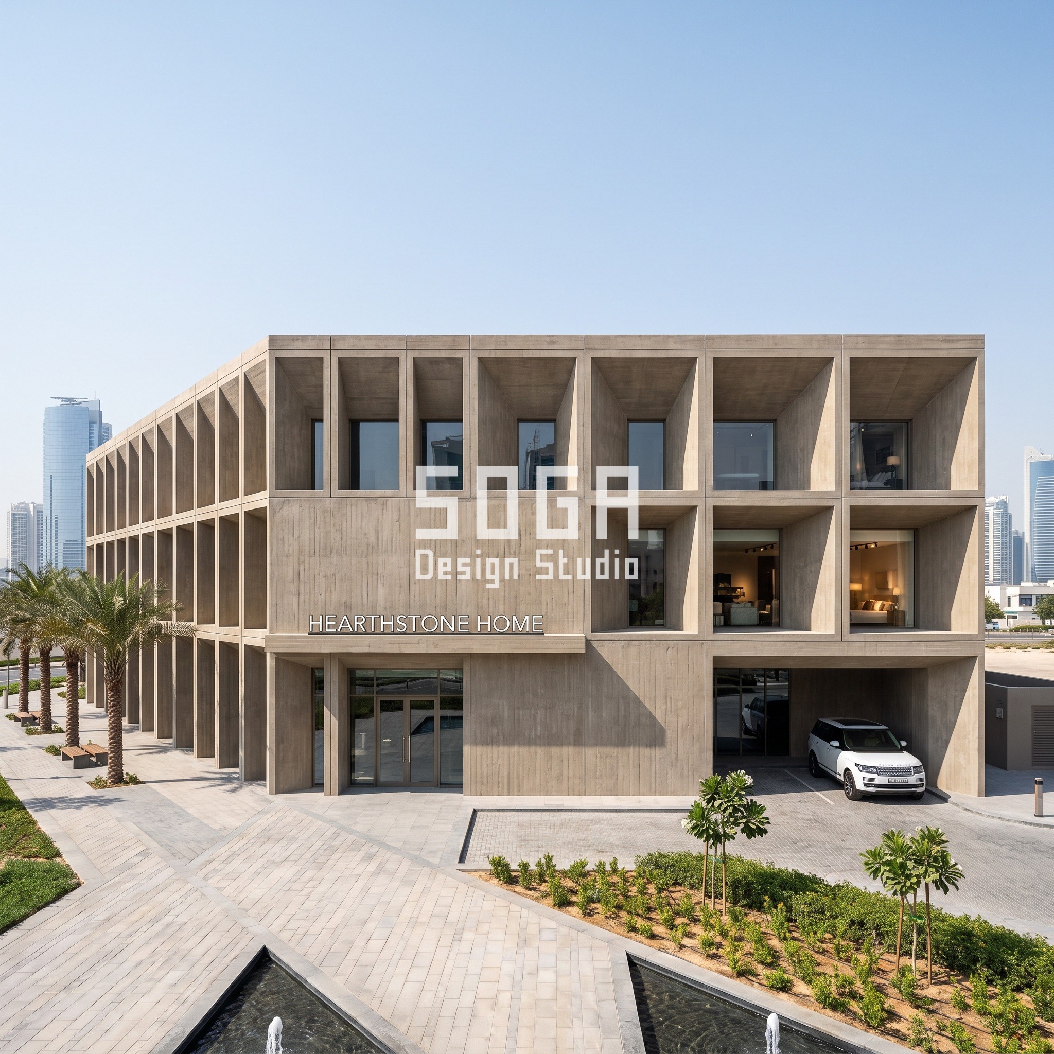 Furniture Showroom Facade Design Dubai: Coffer Gradient 1 Hearthstone Home furniture showroom facade concept in Dubai with a parametric precast concrete coffer gradient from 750mm to 4500mm deep
