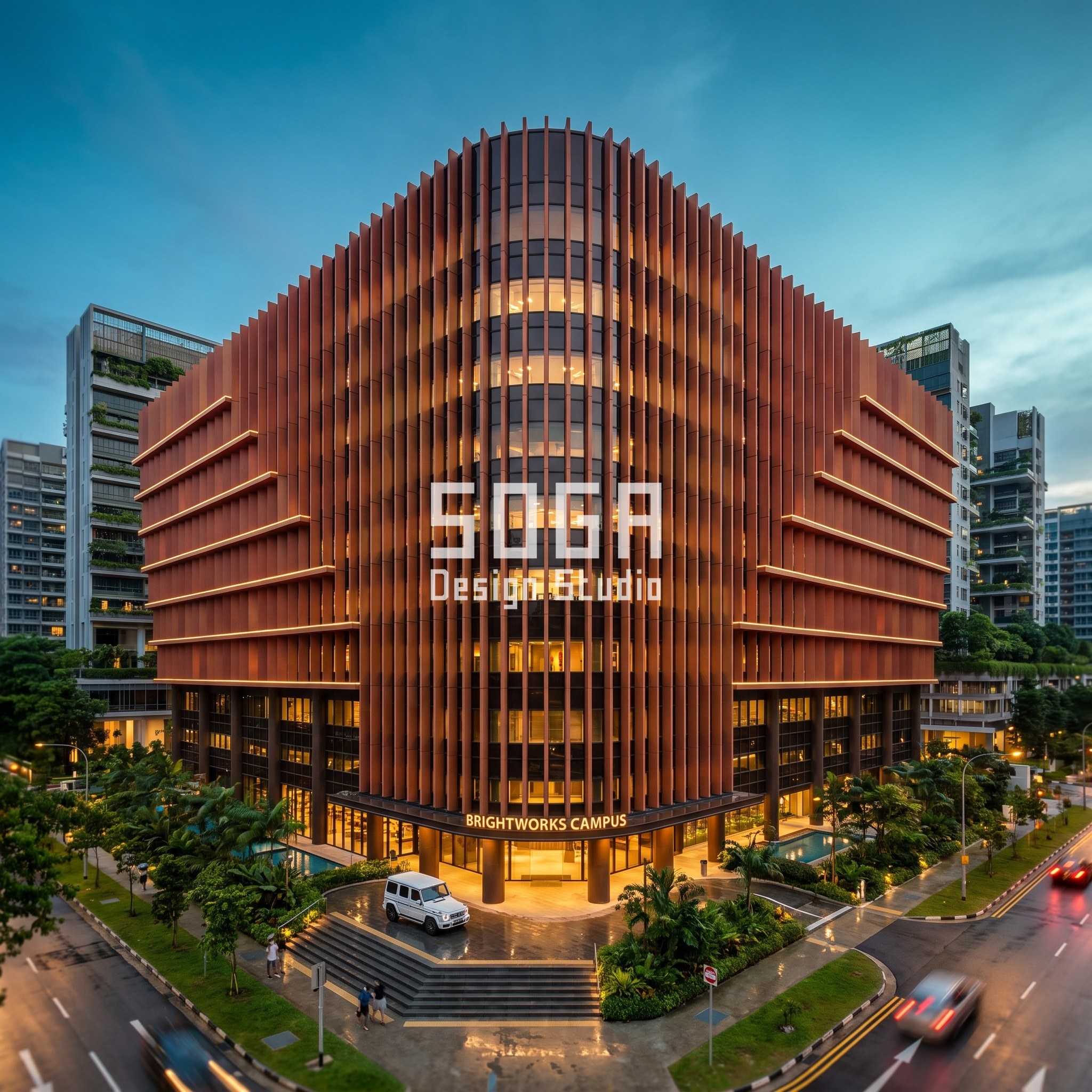 Furniture Showroom Facade Design Dubai: Coffer Gradient 5 Brightworks Campus technology office building in Singapore with a radial terracotta baguette fan facade
