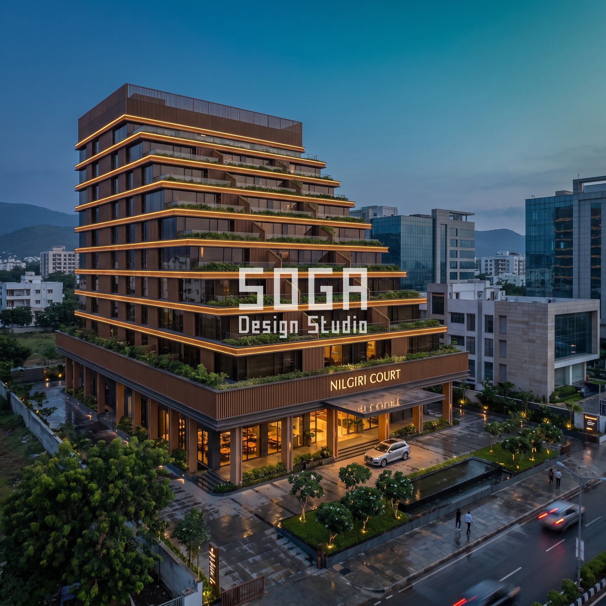 Furniture Showroom Facade Design Dubai: Coffer Gradient 4 Nilgiri Court boutique business hotel in Coimbatore with a stepped planted terrace cascade facade