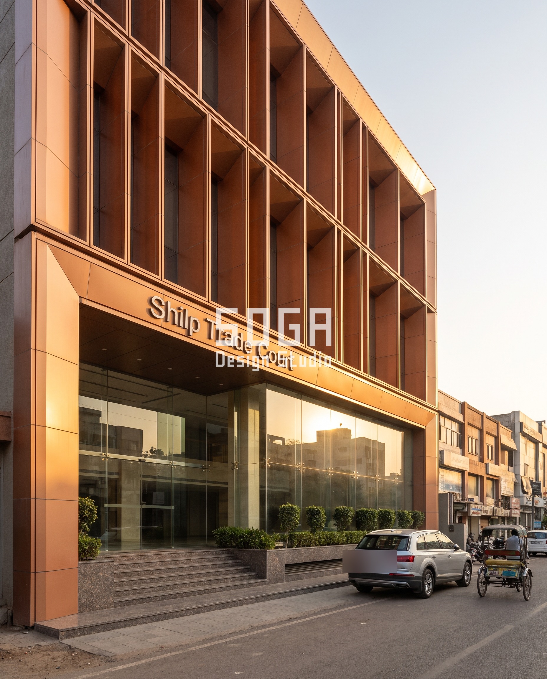 Buildable Parametric Facade Concepts in India (2026) 2 Copper-bronze deep coffer grid facade on Shilp Trade Court, a G+4 Surat trade centre, coffer depth sweeping from 150mm to 1,250mm across the parametric facade concept