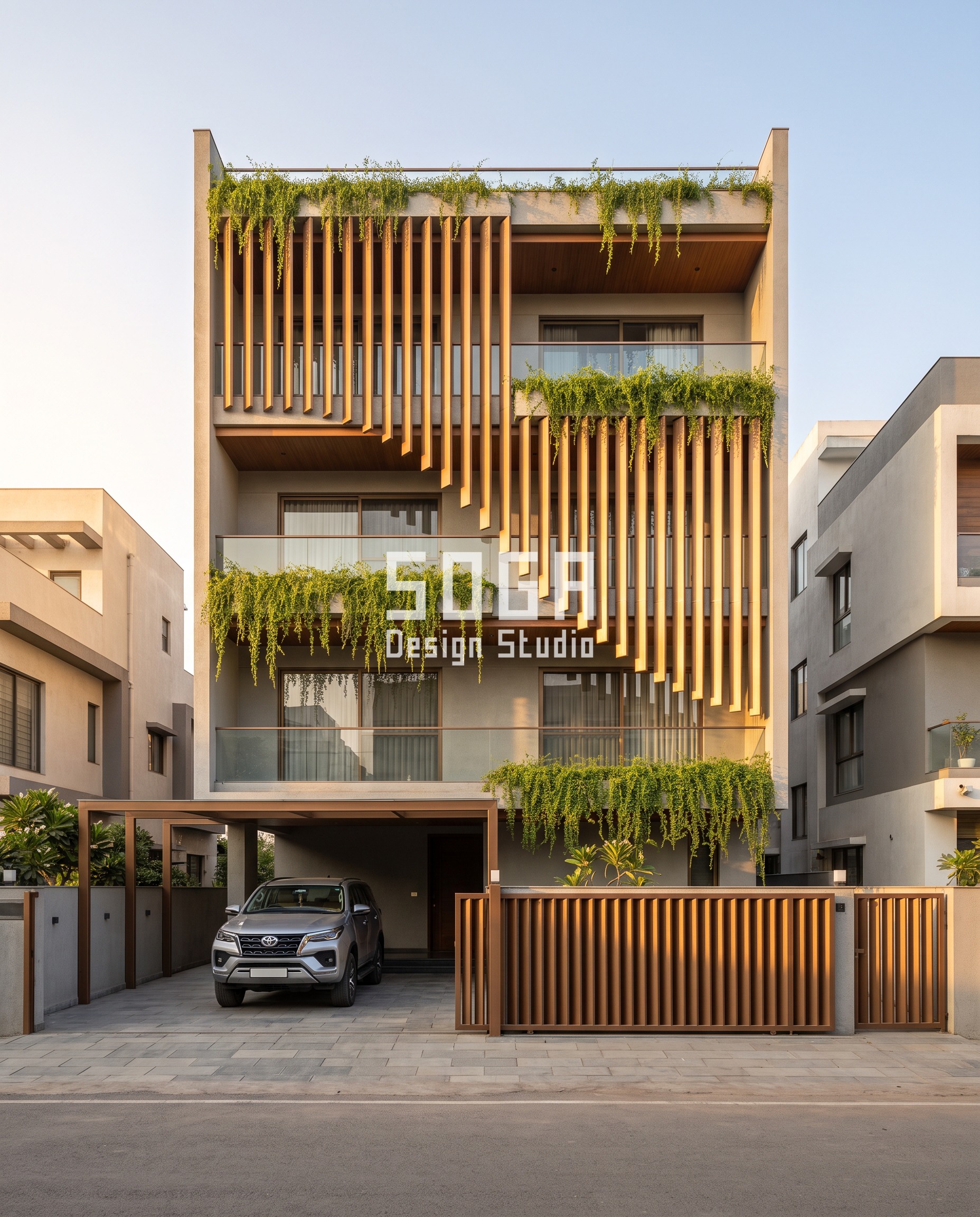 Buildable Parametric Facade Concepts in India (2026) 1 Bronze-tone gradient vertical louver facade on a G+3 Ahmedabad residence, louver length sweeping from 200mm near the gate to 1,650mm at the stair core, a parametric buildable facade concept in India