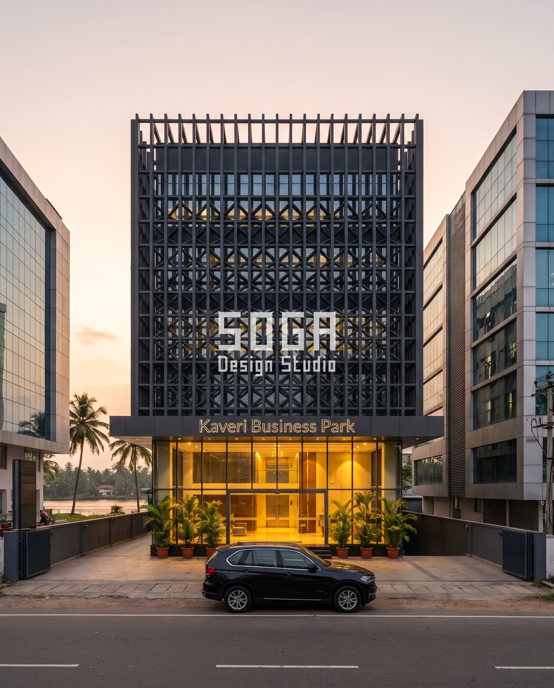 Buildable Parametric Facade Concepts in India (2026) 3 Charcoal powder-coated deep lattice brise-soleil facade on Kaveri Business Park, a G+5 Kochi office building, lattice member depth sweeping from 120mm to 980mm, a parametric facade concept