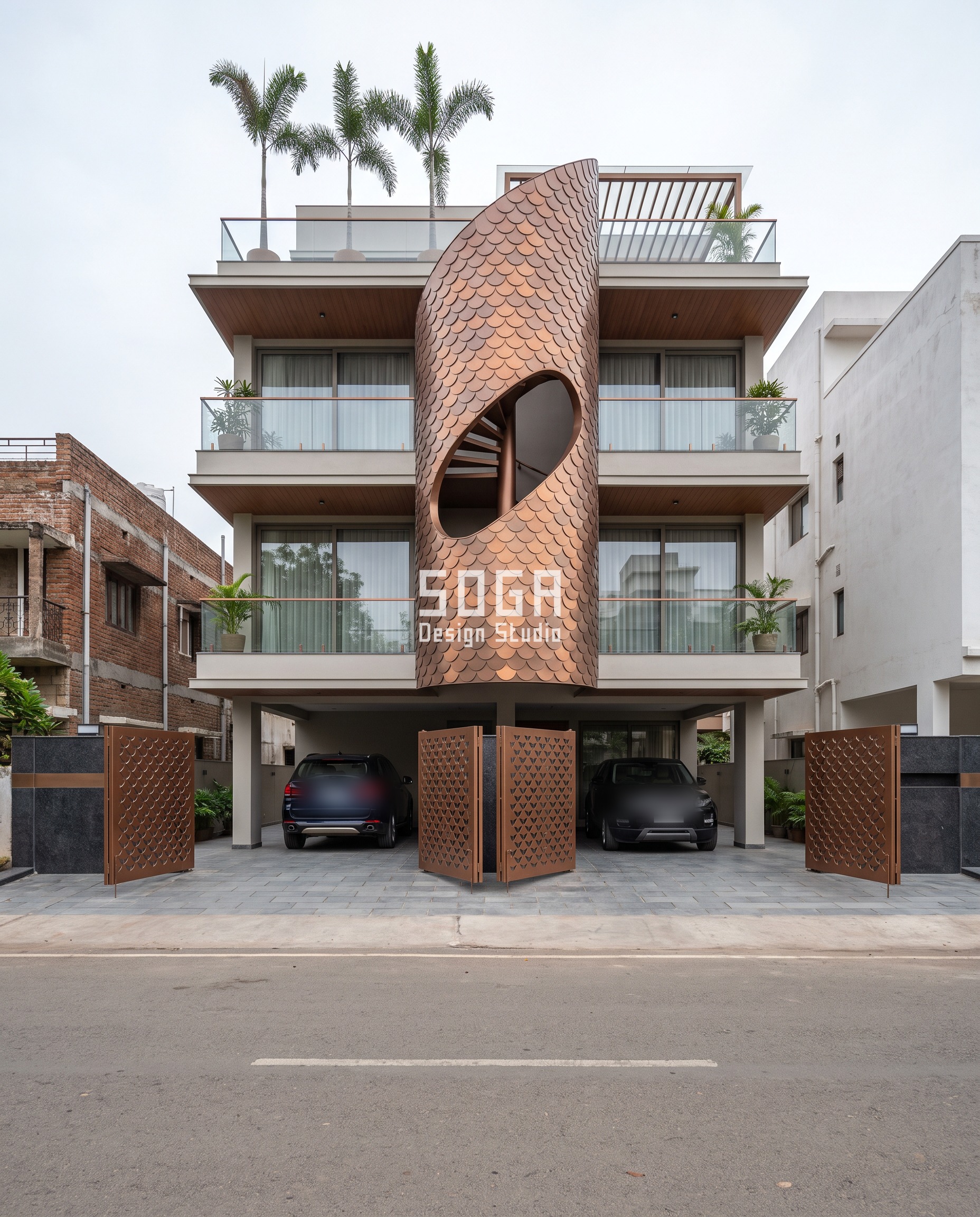 Ahmedabad apartment facade with a copper-bronze fish-scale shell rotating around an open spiral stairwell, the rooftop terrace parapet left fully glazed and open above the solid scaled skin lower down