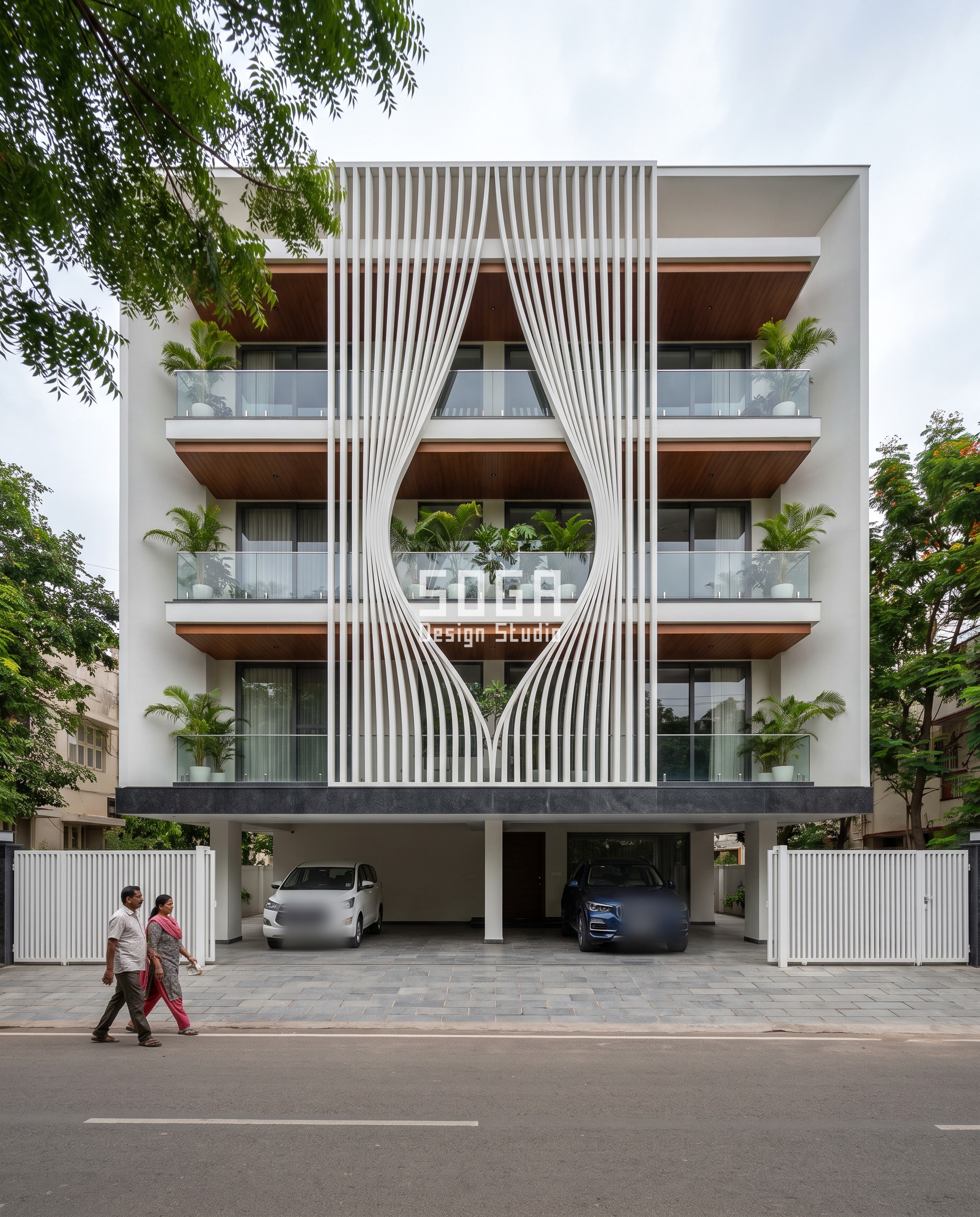 Hyderabad builder-floor facade where white GFRC fins part like a stage curtain, narrow and guarded at the lower parapet-height balconies and opening into a full teardrop view at the top floor
