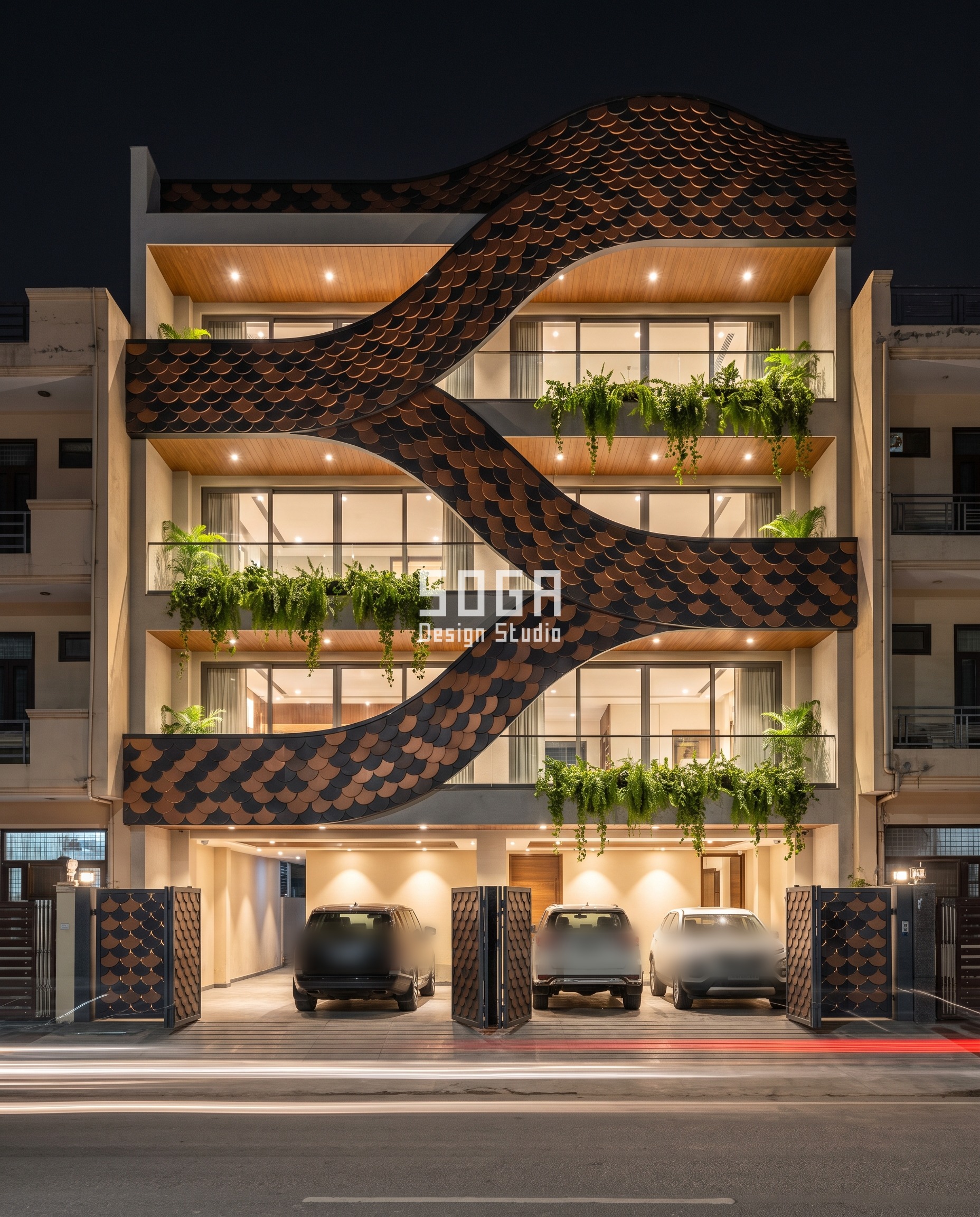 Noida builder-floor facade at night where a two-tone charcoal and copper fish-scale band swells into a tall crest at the rooftop parapet before thinning down through each balcony fascia toward the ground