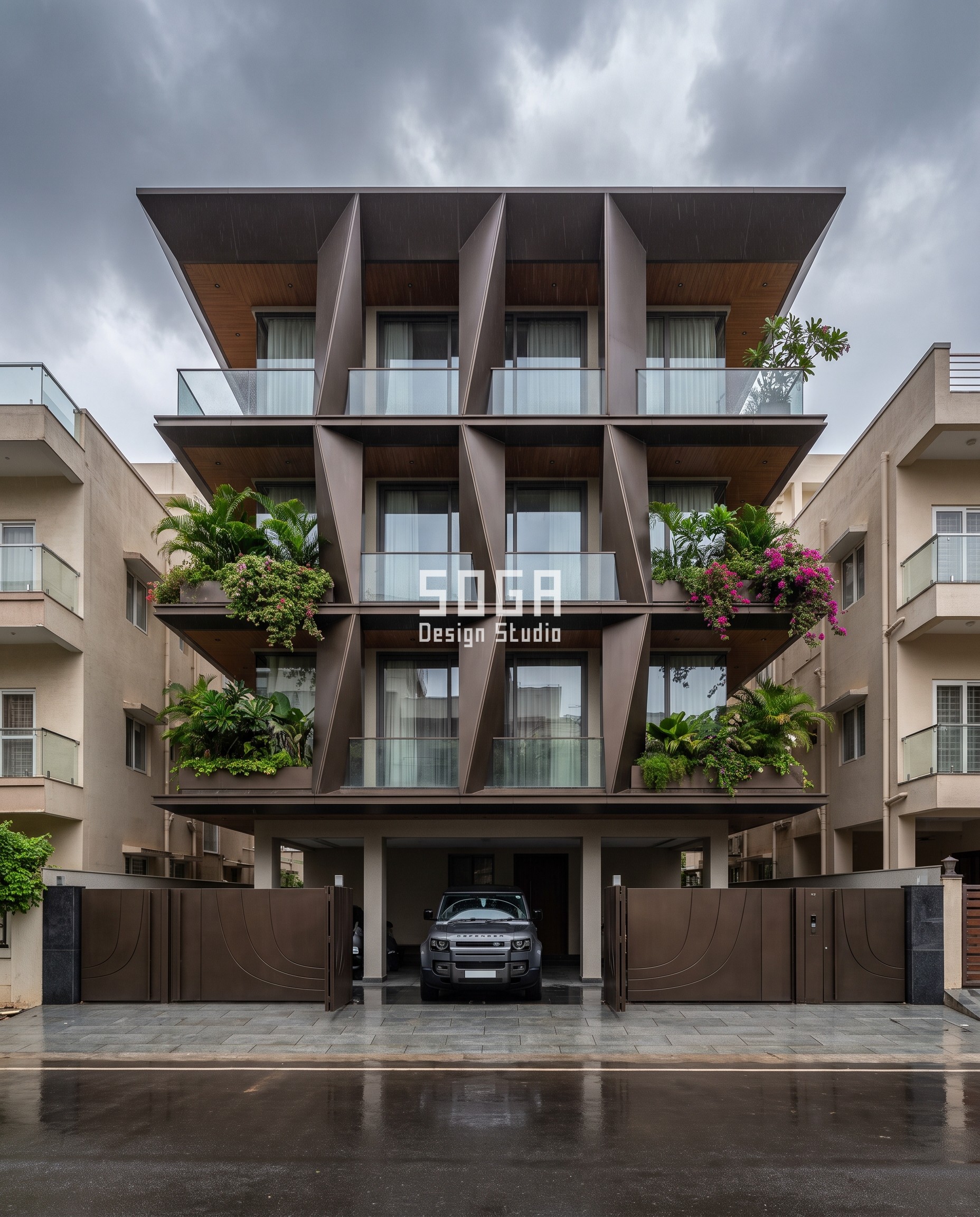 Pill-Arch Facade Design India: Five Carved Systems 4 Moda Residence, Hyderabad: deep bronze fins flipping their angle floor by floor on a G+3 facade