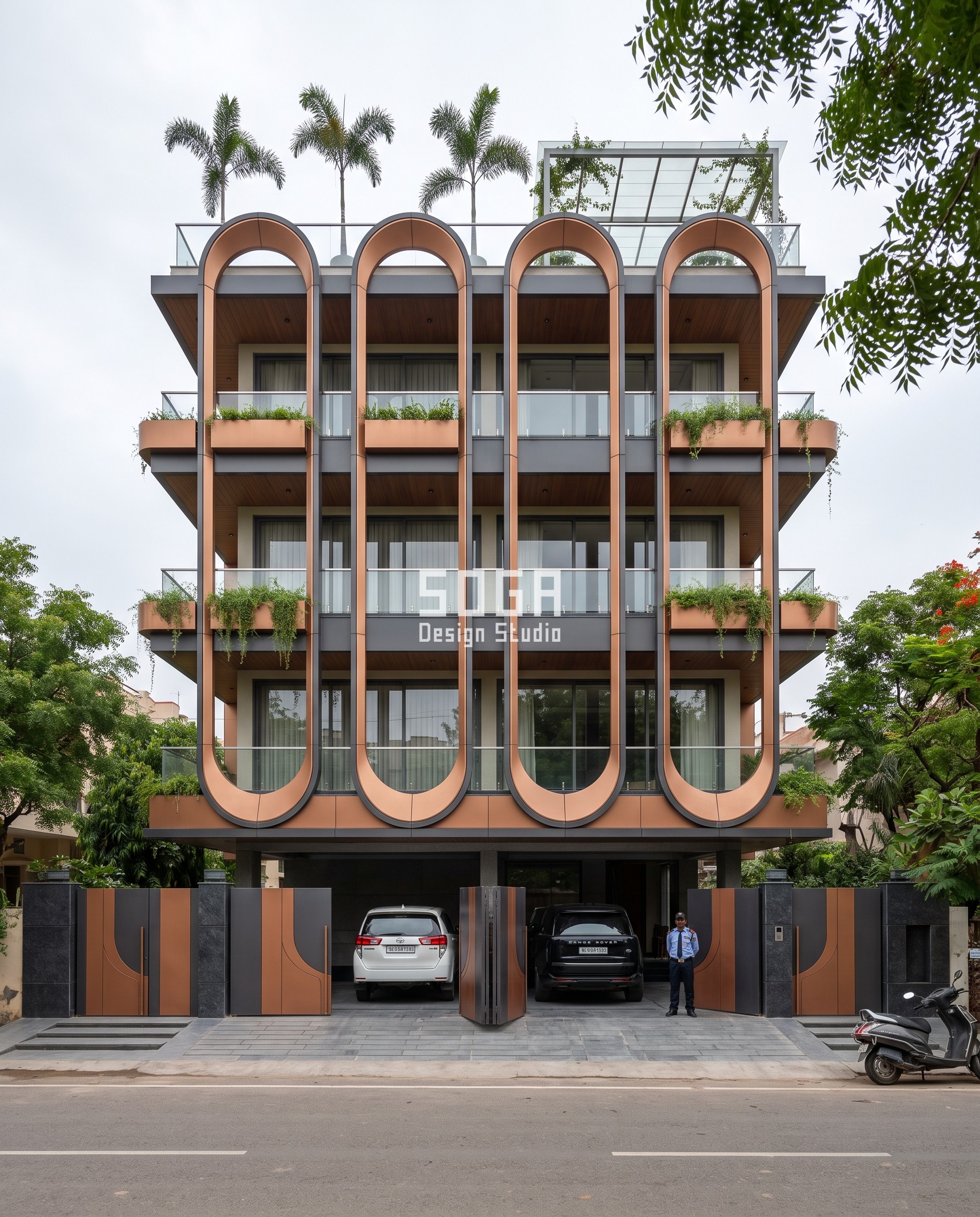 Pill-Arch Facade Design India: Five Carved Systems 2 Kamaan House, Jaipur: four elliptical charcoal and copper loops running the full height of a G+4 facade