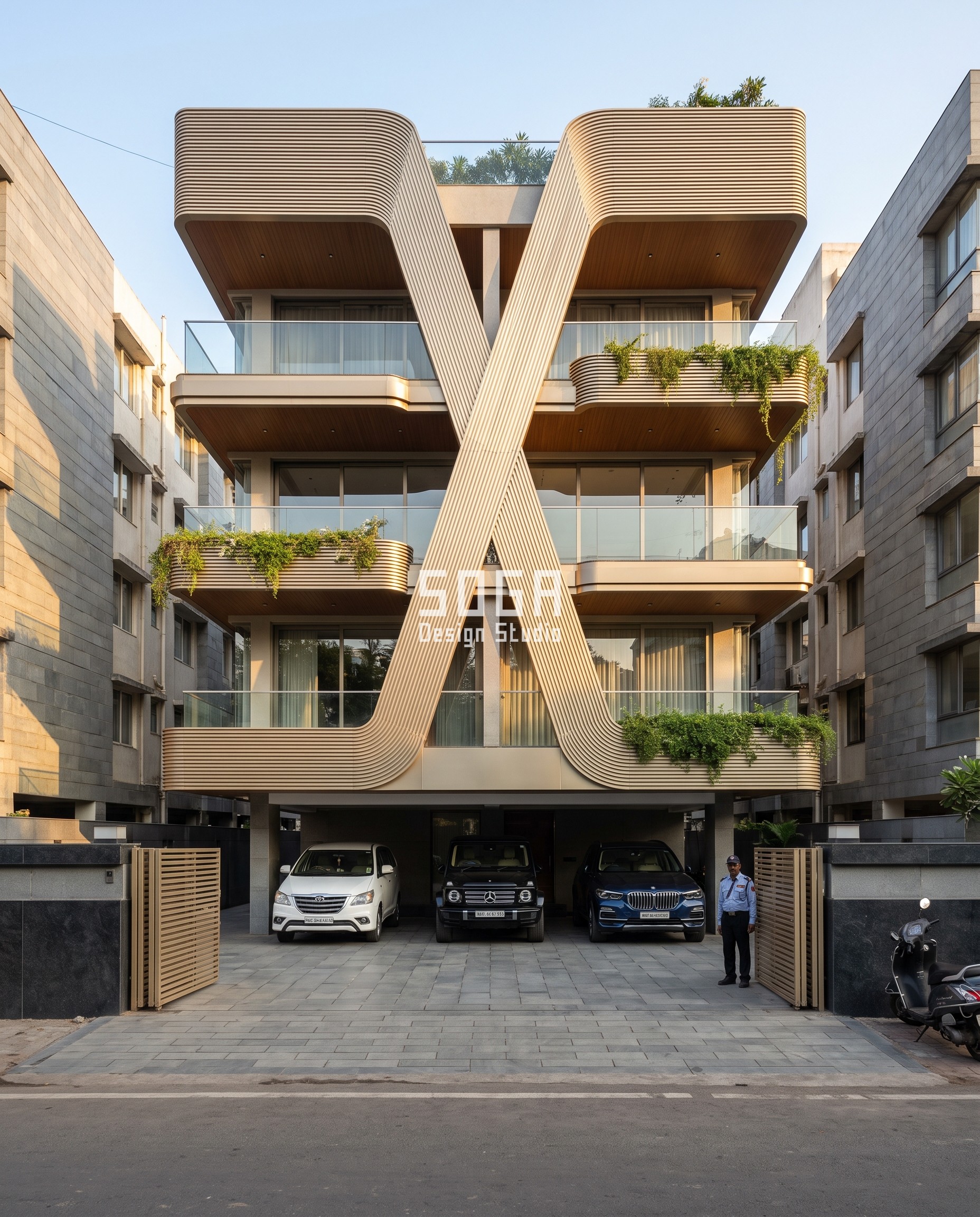 Pill-Arch Facade Design India: Five Carved Systems 5 Dor Niwas, Mumbai: two champagne-gold ribbons crossing in a soft X on a G+3 facade