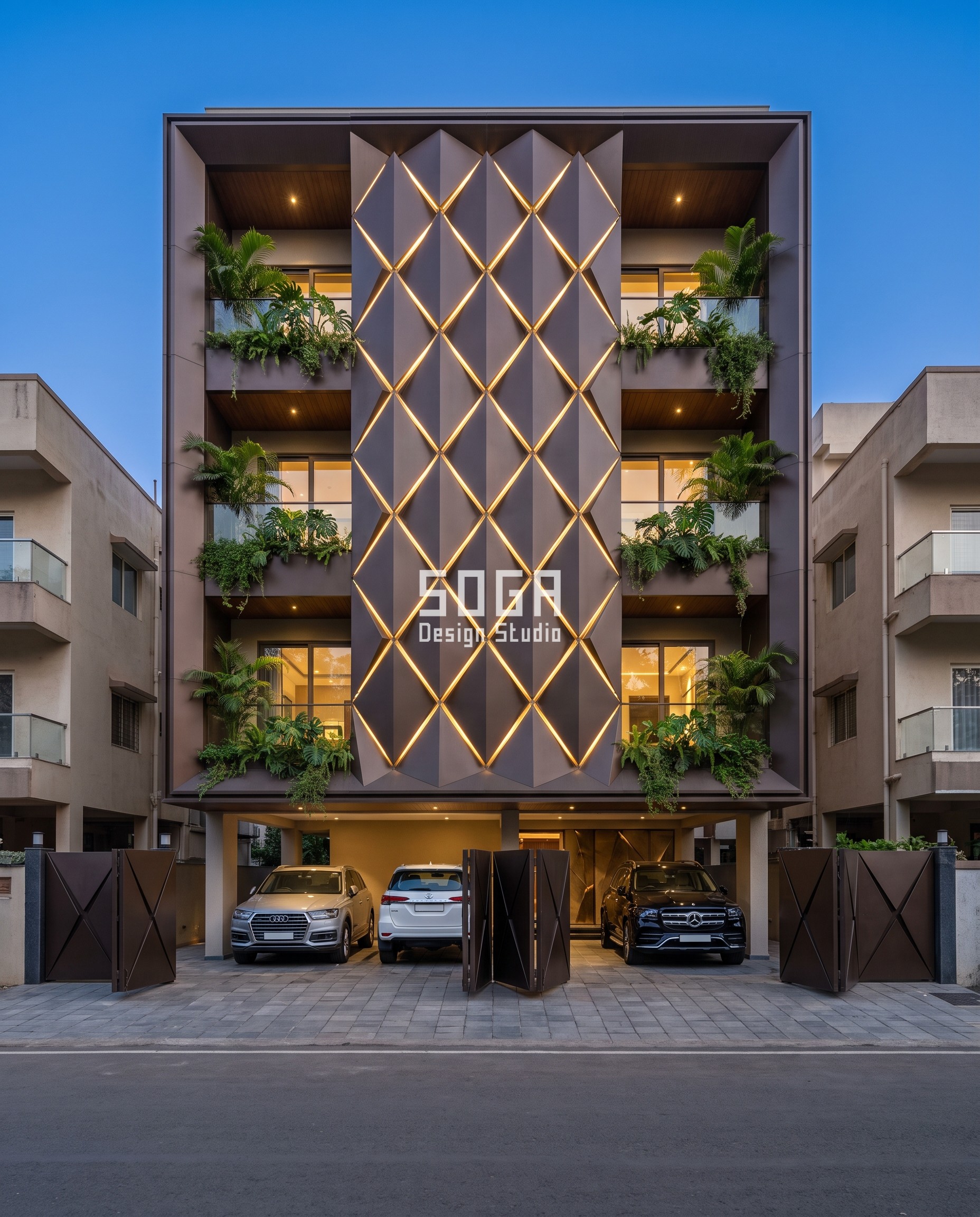 Pill-Arch Facade Design India: Five Carved Systems 3 Buta Residence, Pune: diamond-quilted dark bronze folded plates on a corner G+4 house at blue hour