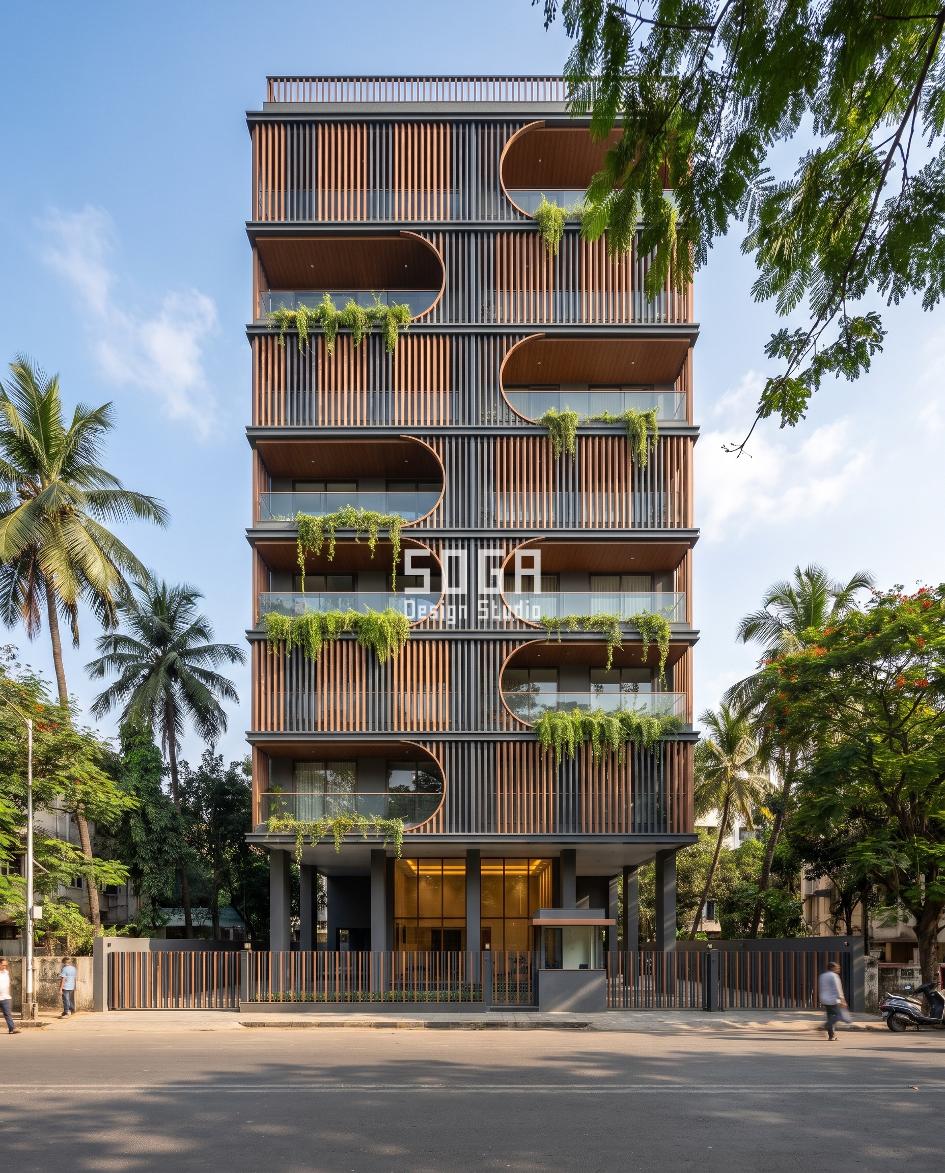 Parametric Facade Render Reliability: The Camera-Proof Rule 5 Mumbai Bandra apartment tower lifted on pilotis, its charcoal-and-copper vertical louvre screen scooped into alternating crescent cuts floor to floor, coconut palms framing a parametric gesture that reads the same in person and in render.