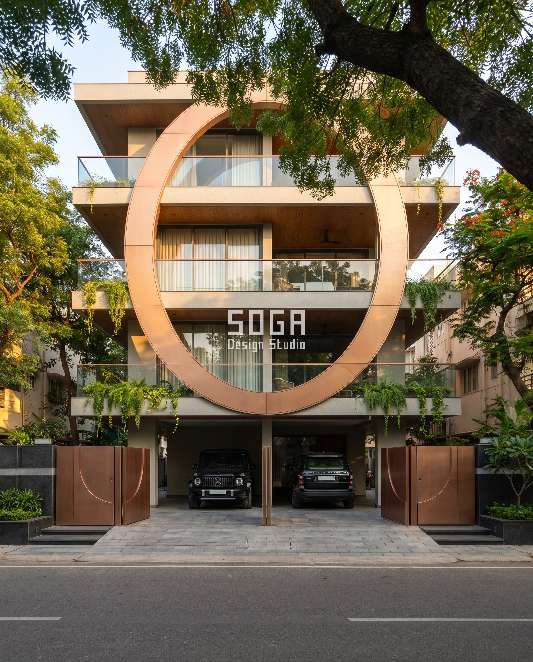 Parametric Facade Render Reliability: The Camera-Proof Rule 2 Chennai residence facade at golden hour with a 9-metre copper-bronze oval ring cut straight through the floor slabs, the kind of one-shot sculptural gesture that photographs and renders identically every time, unlike a claimed gradient nobody can verify.