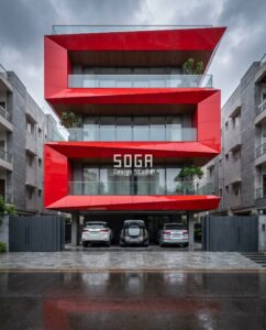 Hyderabad builder-floor facade in high-gloss signal-red where each faceted tray rotates 4 degrees against the floor below so the stack visibly twists upward, parametric facade render reliability made countable in the projecting corners.