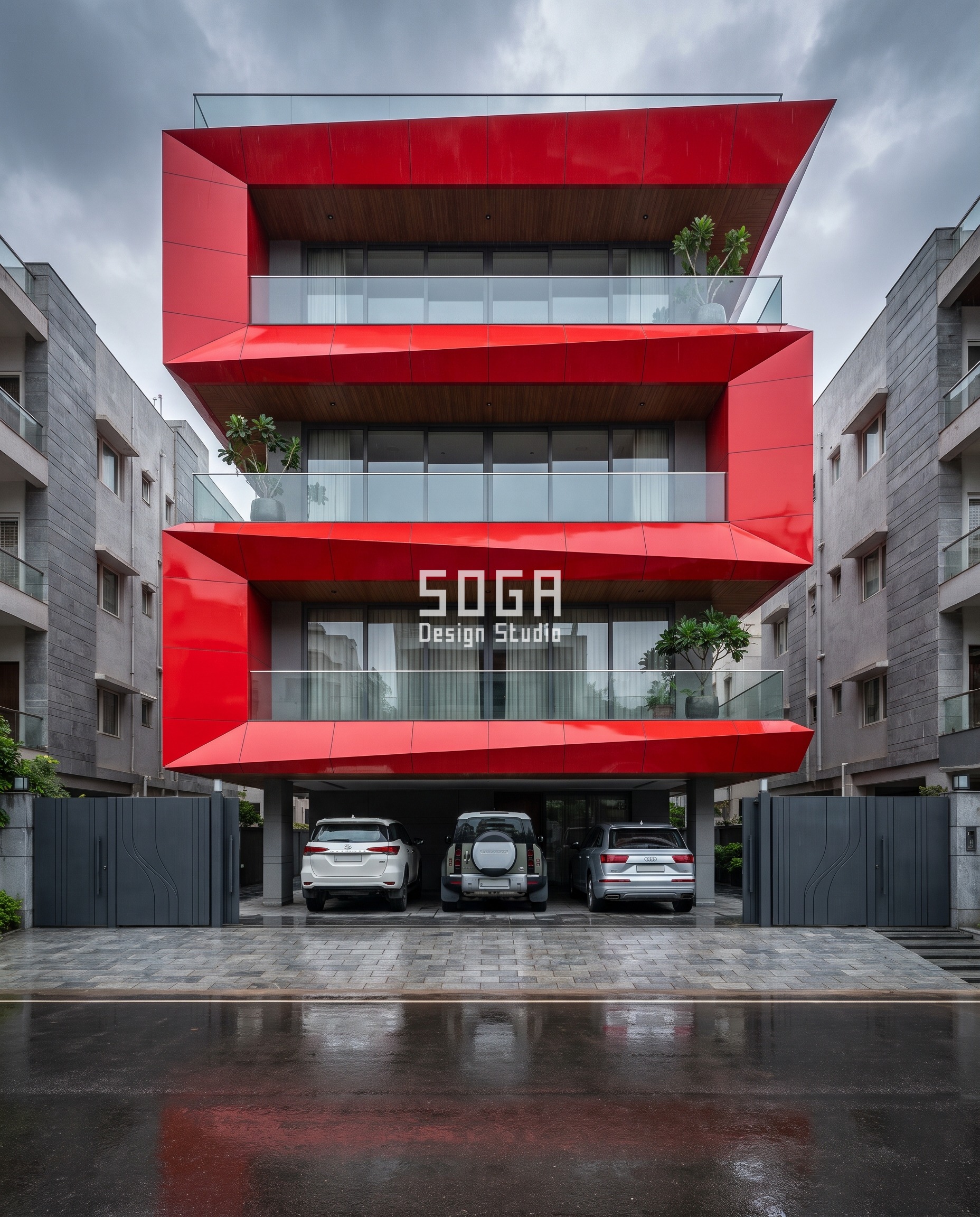 Parametric Facade Render Reliability: The Camera-Proof Rule 1 Hyderabad builder-floor facade in high-gloss signal-red where each faceted tray rotates 4 degrees against the floor below so the stack visibly twists upward, parametric facade render reliability made countable in the projecting corners.