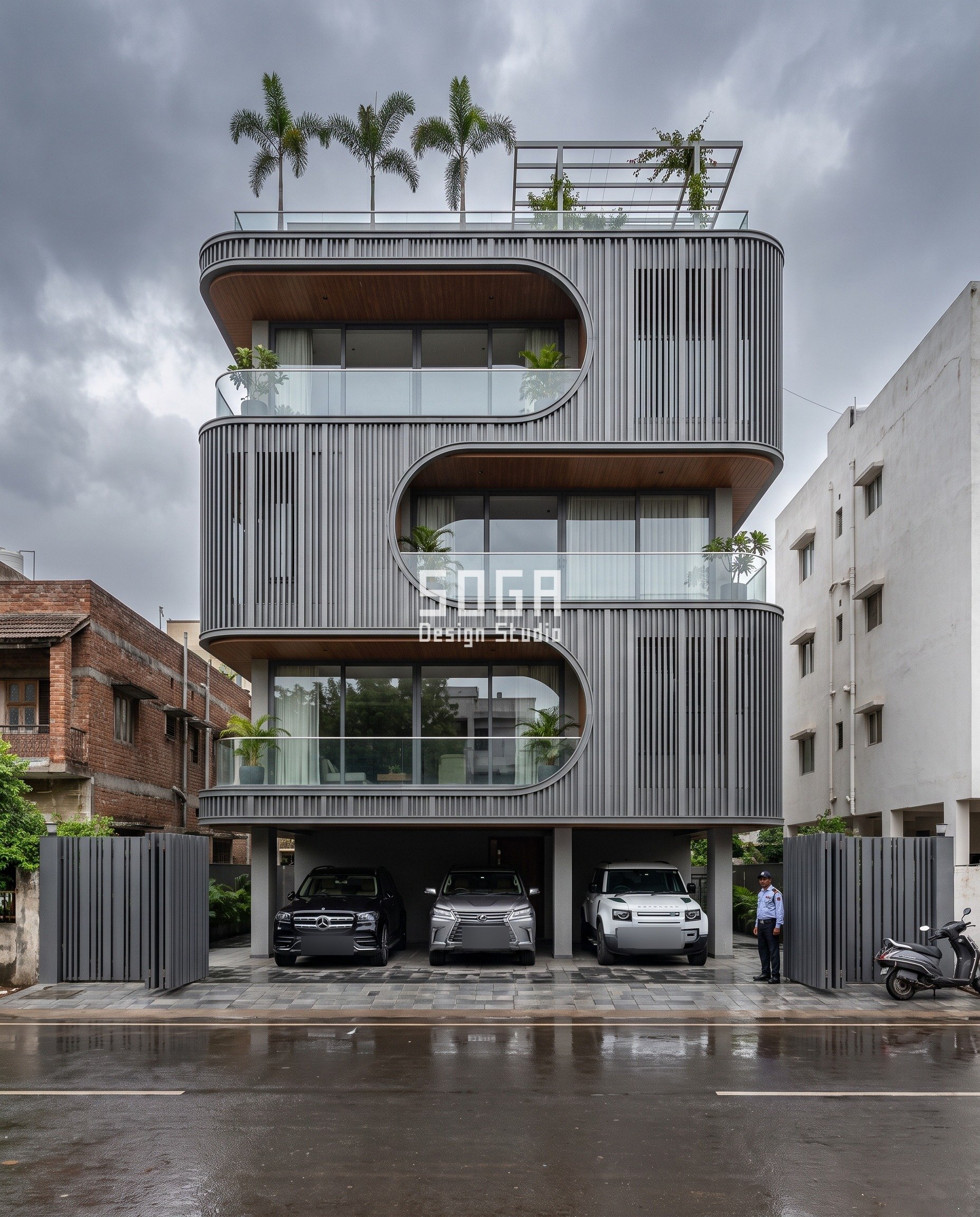 Villa EV Charging Carport Design 2026: India, UAE, Singapore 4 Abu Dhabi builder-floor residence with graphite undulating balcony-lobe facade and semi-cantilever EV-charger carport canopy on a sliding joint
