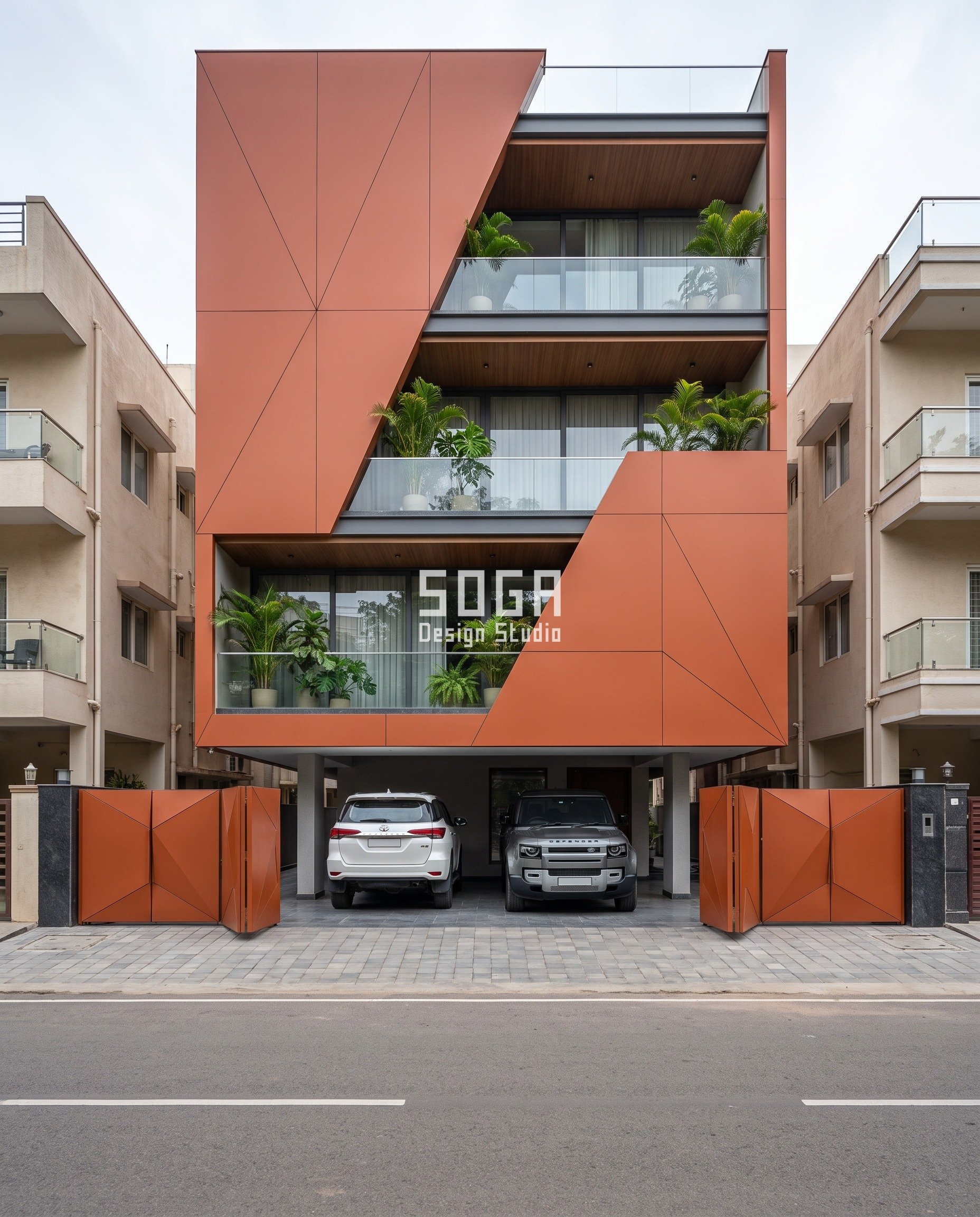 Bengaluru (Indiranagar) G+3 builder floor with a burnt-orange diagonal-split folded-plate facade (4 to 22 degree facet tilt) over a plinth raised clear of the locality's stormwater-drain and lake-buffer encroachment line