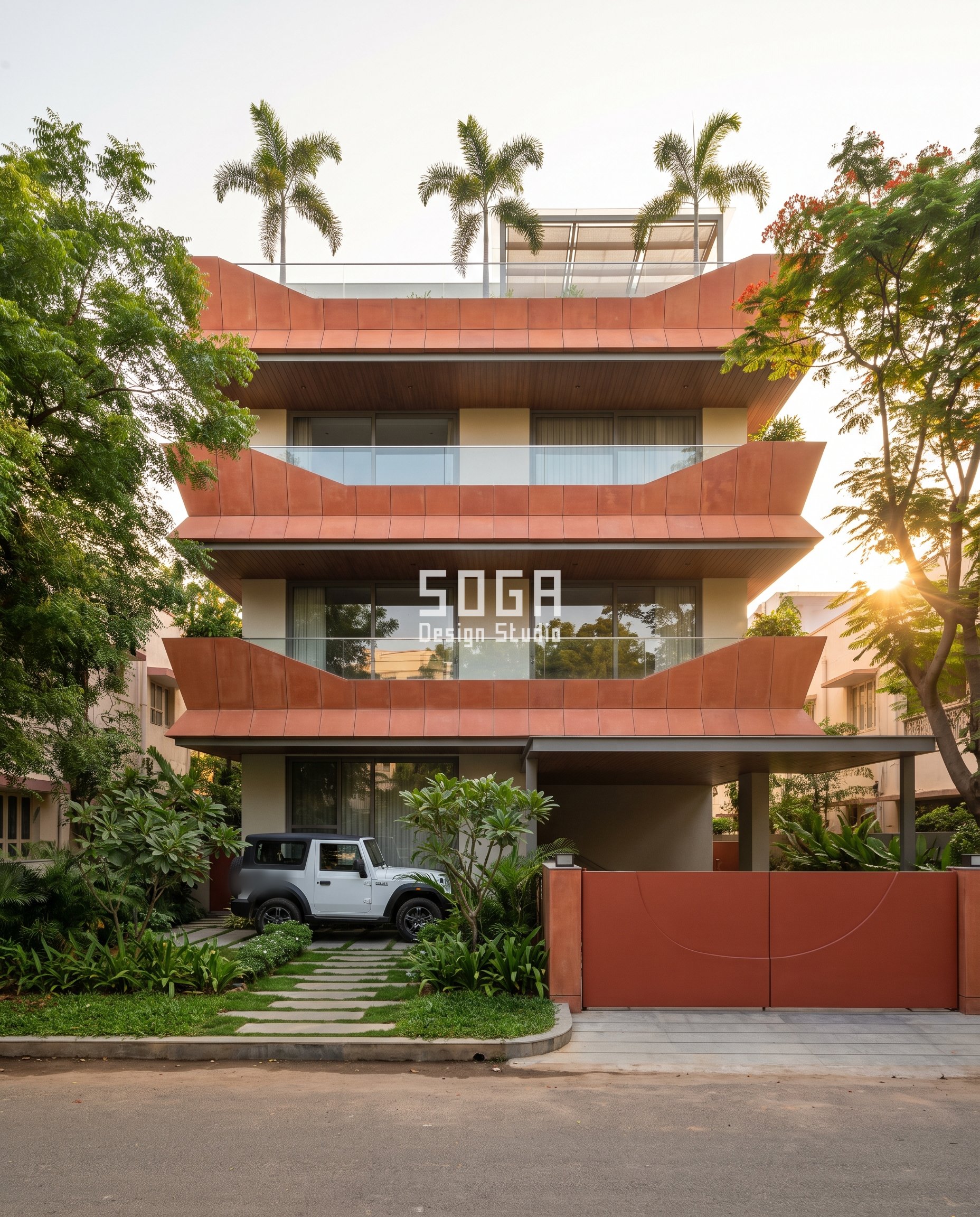 Fire Rated Villa Facade Cladding 2026: 4 Markets Compared 3 Chennai villa, Sopan Kothi, terracotta faceted planter trays rising from 450mm to 1700mm