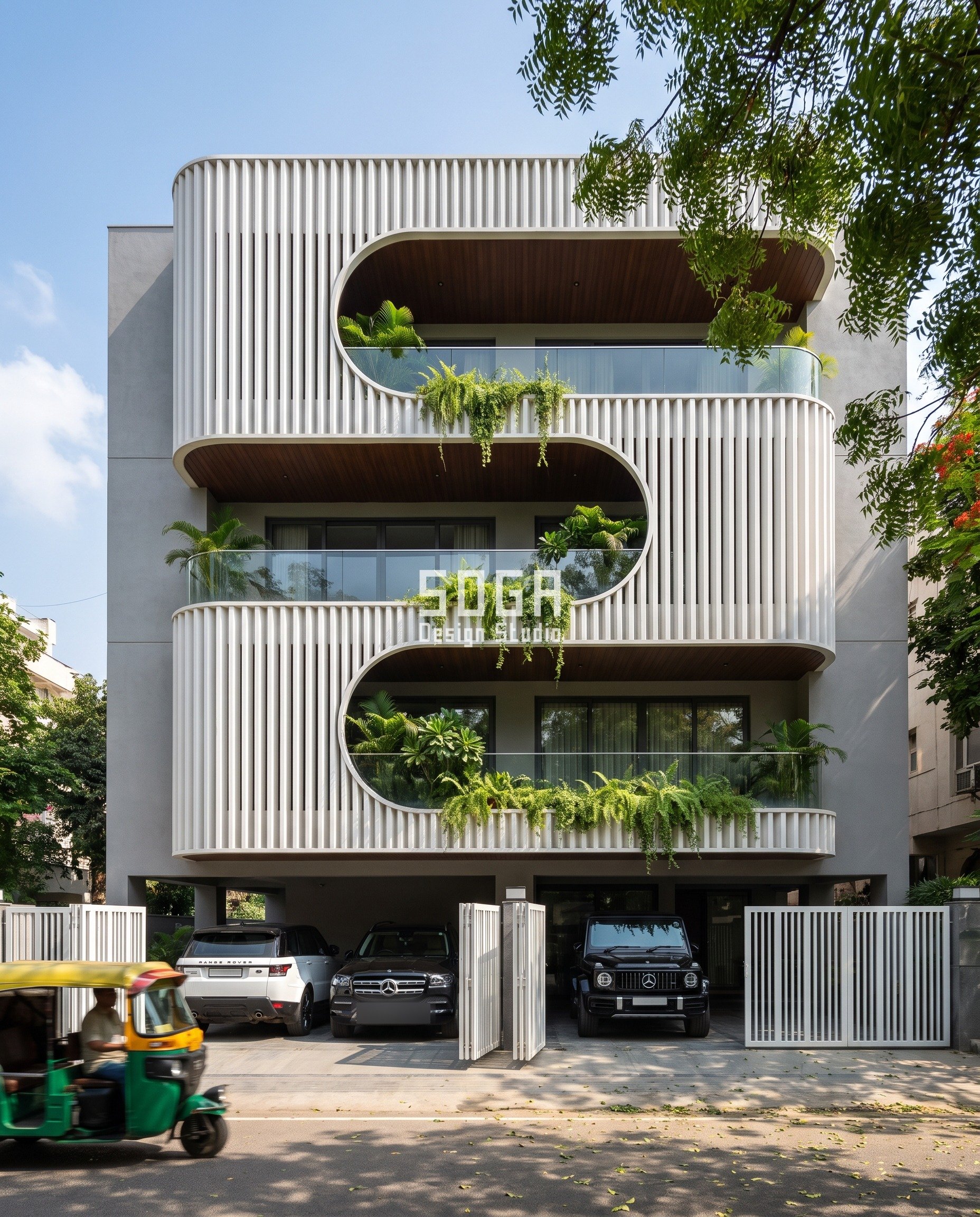 Villa EV Charging Carport Design 2026: India, UAE, Singapore 2 Dubai corner-plot villa with white GFRC serpentine fin facade and column-supported solar EV-charger carport canopy