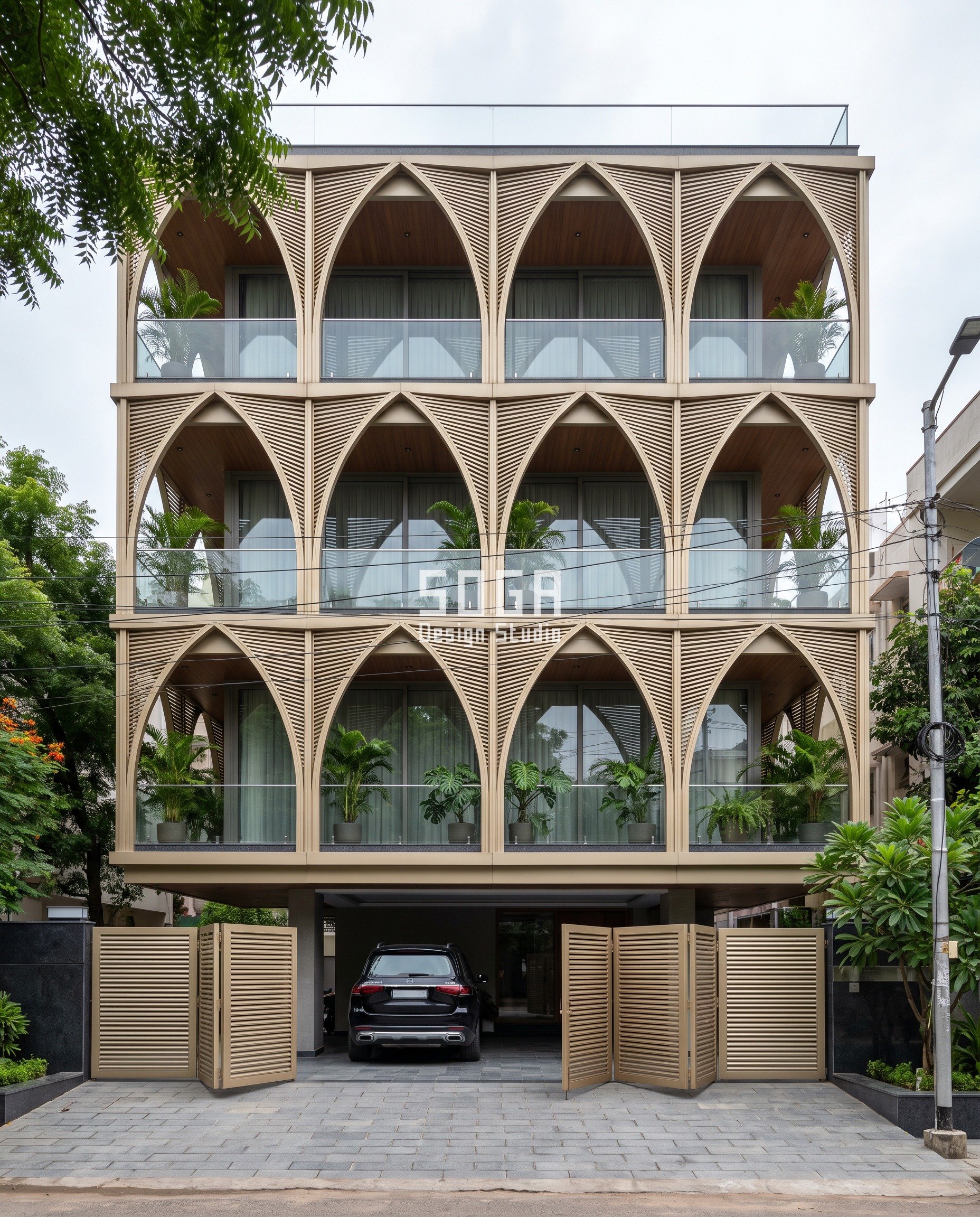 Hyderabad (Jubilee Hills) G+3 builder floor with a champagne-gold rib-vault arcade facade over a raised stilt plinth and non-return-valve drainage tuned to the locality's choked nala system
