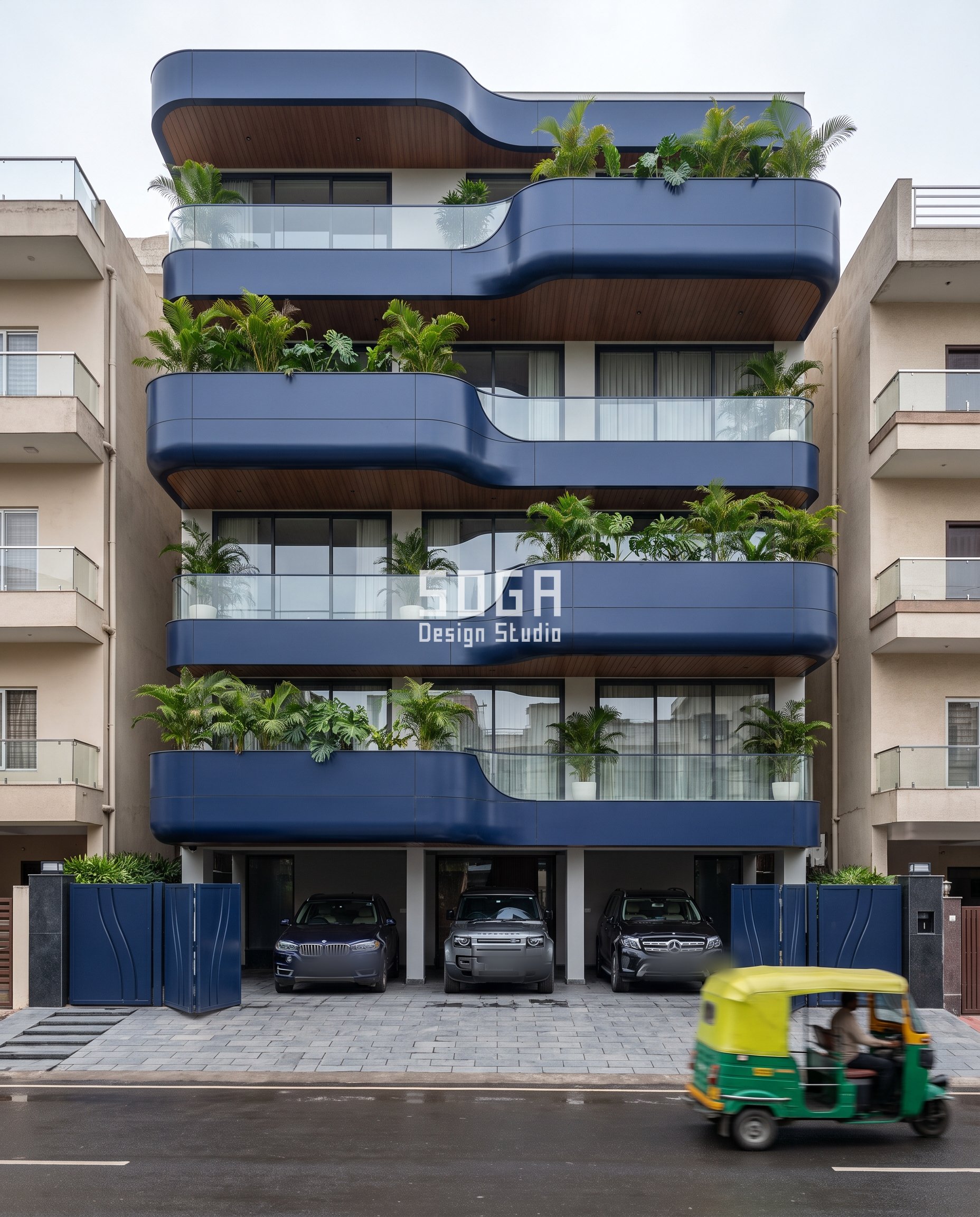 Fire Rated Villa Facade Cladding 2026: 4 Markets Compared 2 Indore builder-floor house, Vahini Residence, navy A2-rated aluminium composite balcony-lobe bands